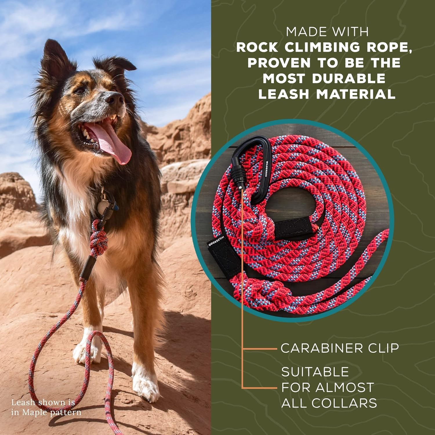 Wilderdog Heavy Duty Carabiner Climbing Rope Dog Leash - 10ft Durable Leash for Medium & Large Dogs - Maple Wood Handle - Perfect for Hiking, Camping & Outdoor Adventures