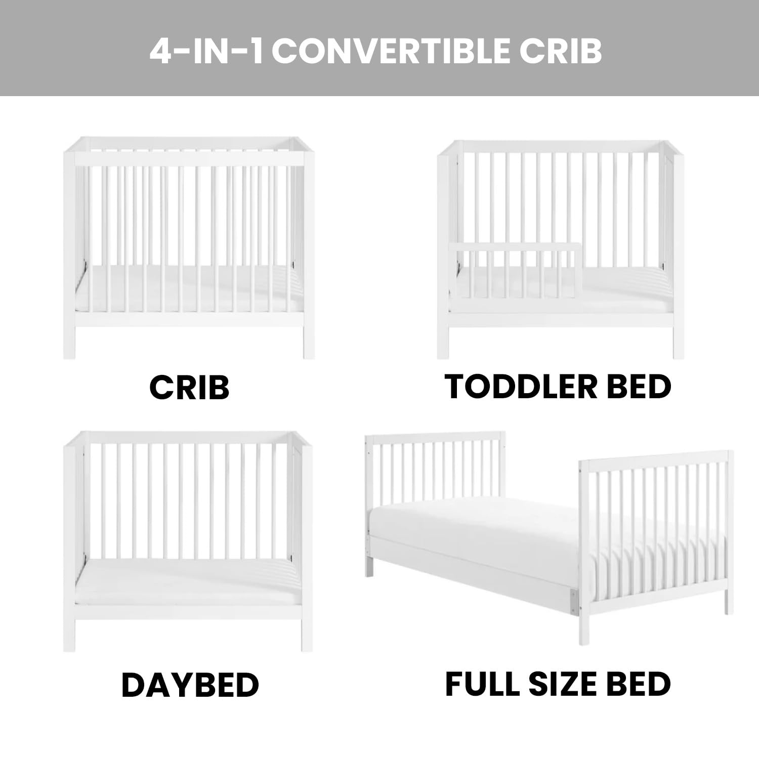 Oxford Baby Essentials Island Mini 4-in-1 Convertible Baby Crib with Round Spindles - White Nursery Crib for Newborns & Toddlers | Perfect for Small Spaces, Bedrooms & Daycare Centers