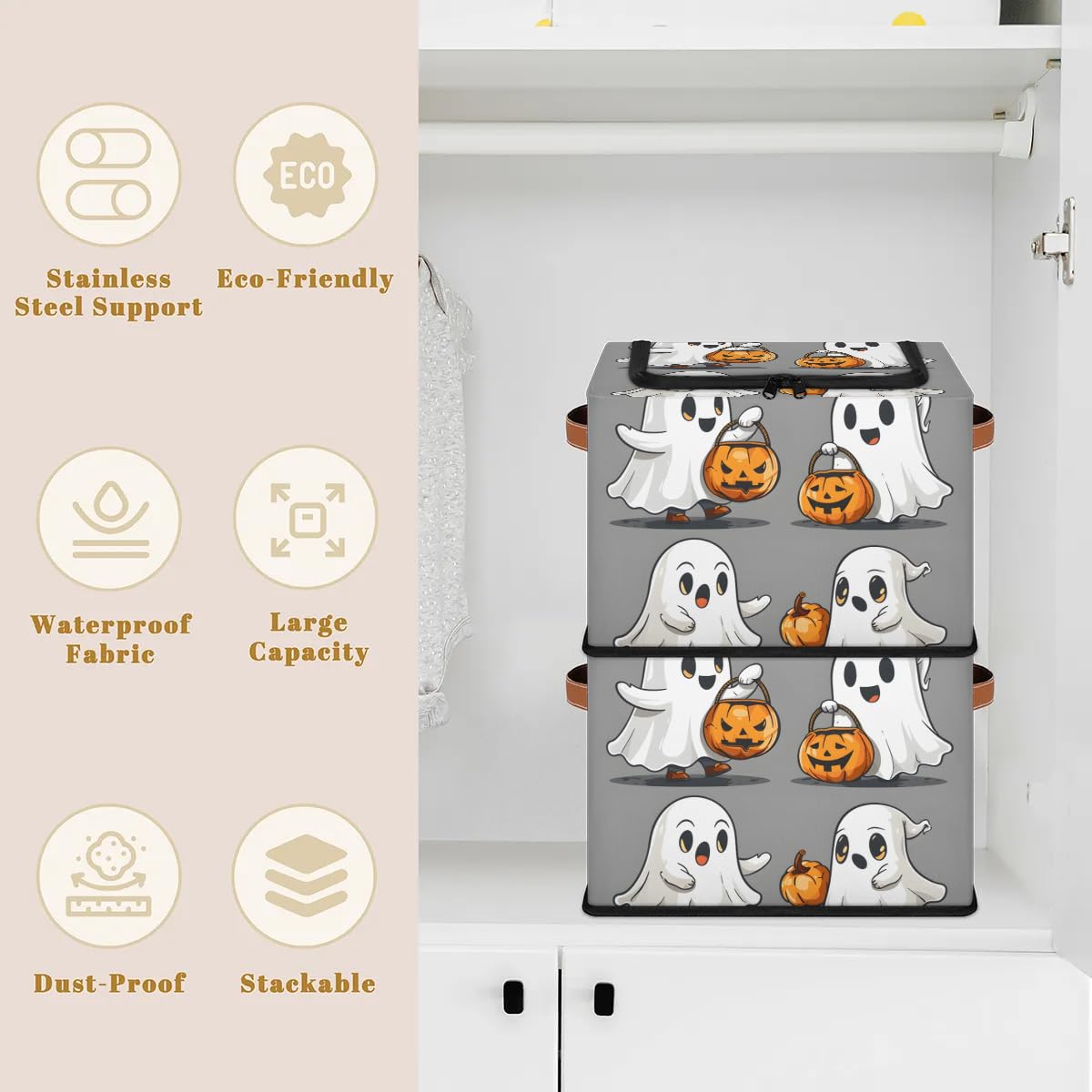 2-Pack Cute Ghost Pumpkin Storage Bins with Zipper Lid - Stackable Metal Frame Closet Organizer Cubes with PU Handles for Clothes, Toys & Seasonal Decor | Halloween, Bedroom & Nursery Storage Solution