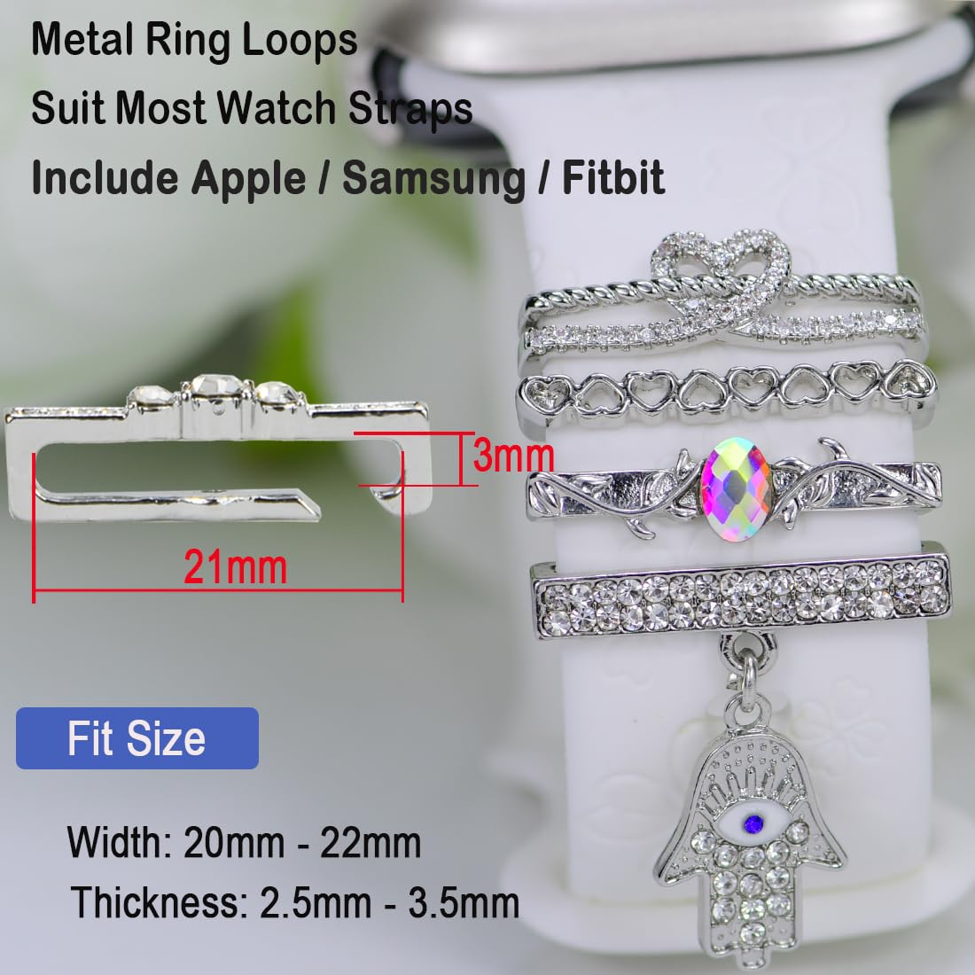 Elegant Watch Band Charms & Decorative Rings - Compatible with Apple Watch 49mm 45mm 44mm 42mm 41mm 40mm 38mm, Samsung Galaxy Watch 5/Pro/4 & Fitbit - Stylish Metal Jewelry Accessories for Women - Perfect for Daily Wear, Work & Special Occasions