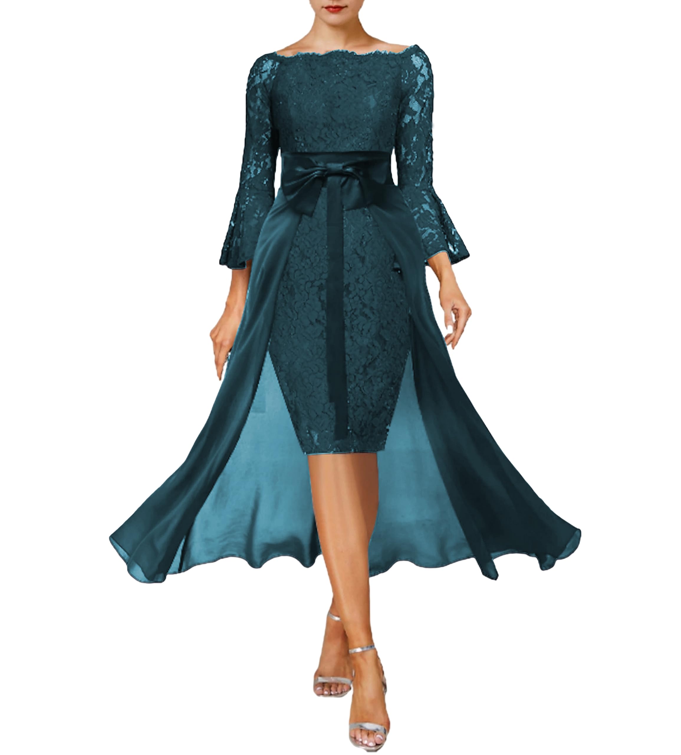 Elegant Teal Lace Wedding Guest Dress for Women - 3/4 Sleeves V-Neck Sheath Mother of The Bride Dress with Bow | Perfect for Weddings, Parties, and Formal Events | Two-Piece Overskirt Knee-Length Outfit