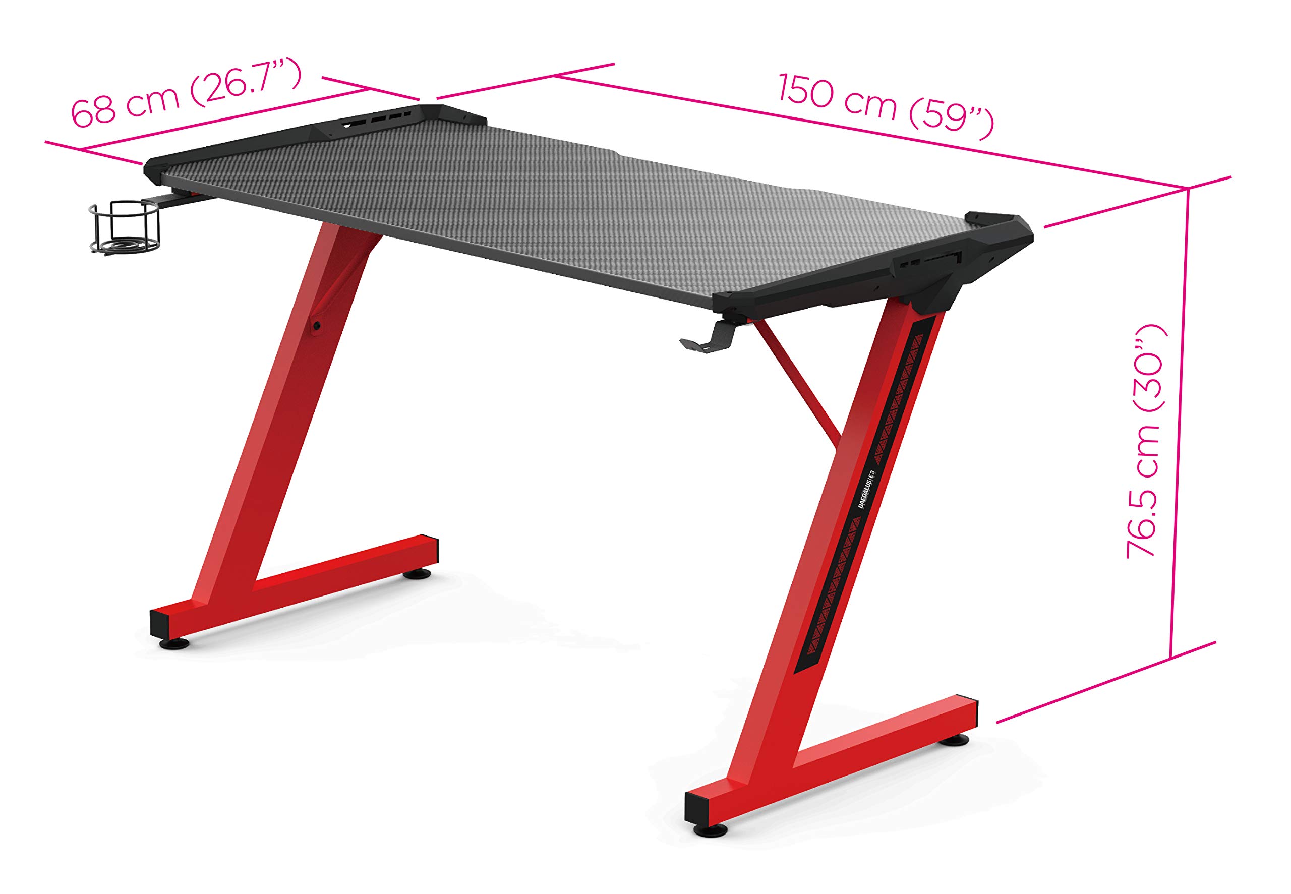 GAMDIAS Zeus Large Gaming Desk with Carbon Fiber Surface - Home Office Computer Table & Gamer Workstation with Cup & Headset Holder (Black/Red) - Perfect for PC Gaming Setup, Streaming & Remote Work