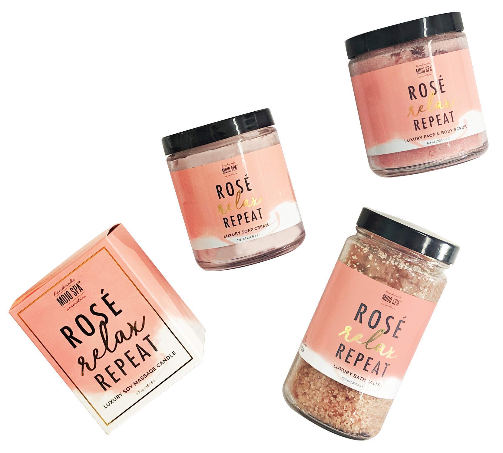 Mojo Spa Rosé Relax Repeat Extra Large Gift Set - 4 Handmade Natural Bath & Body Products for Women | Face & Body Scrub, Soap Cream, Bath Salts, Massage Candle | Perfect for Self-Care, Spa Day, Birthday & Anniversary Gifts