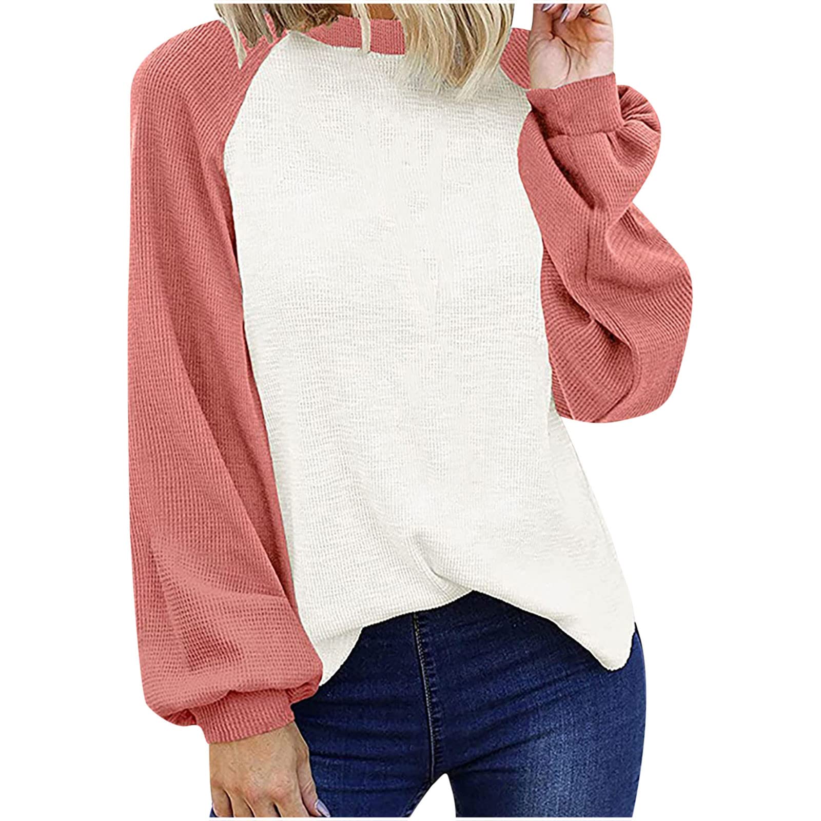 Women's Waffle Knit Long Sleeve Shirt - 2021 Fall Fashion Casual Color Block Blouse, Loose Fit Tummy Control Top | Perfect for Autumn Layering, Weekend Outfits & Belly-Hiding Comfort