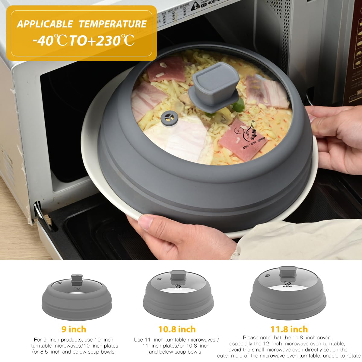 9 Inch Grey Microwave Splatter Cover - Collapsible Silicone Food Splatter Guard Lid & Plate Cover | BPA-Free Glass Splatter Shield for Safe Cooking & Reheating (Perfect for Popcorn, Pasta & Leftovers)