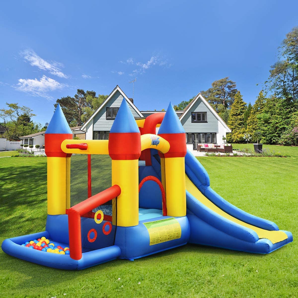 **WATERJOY Inflatable Bounce House with 740 Blower - Kids Slide, Jumping Castle, Basketball Rim & Football Play Area for Indoor & Outdoor Fun - Perfect for Birthday Parties, Backyard Play & Summer Activities**