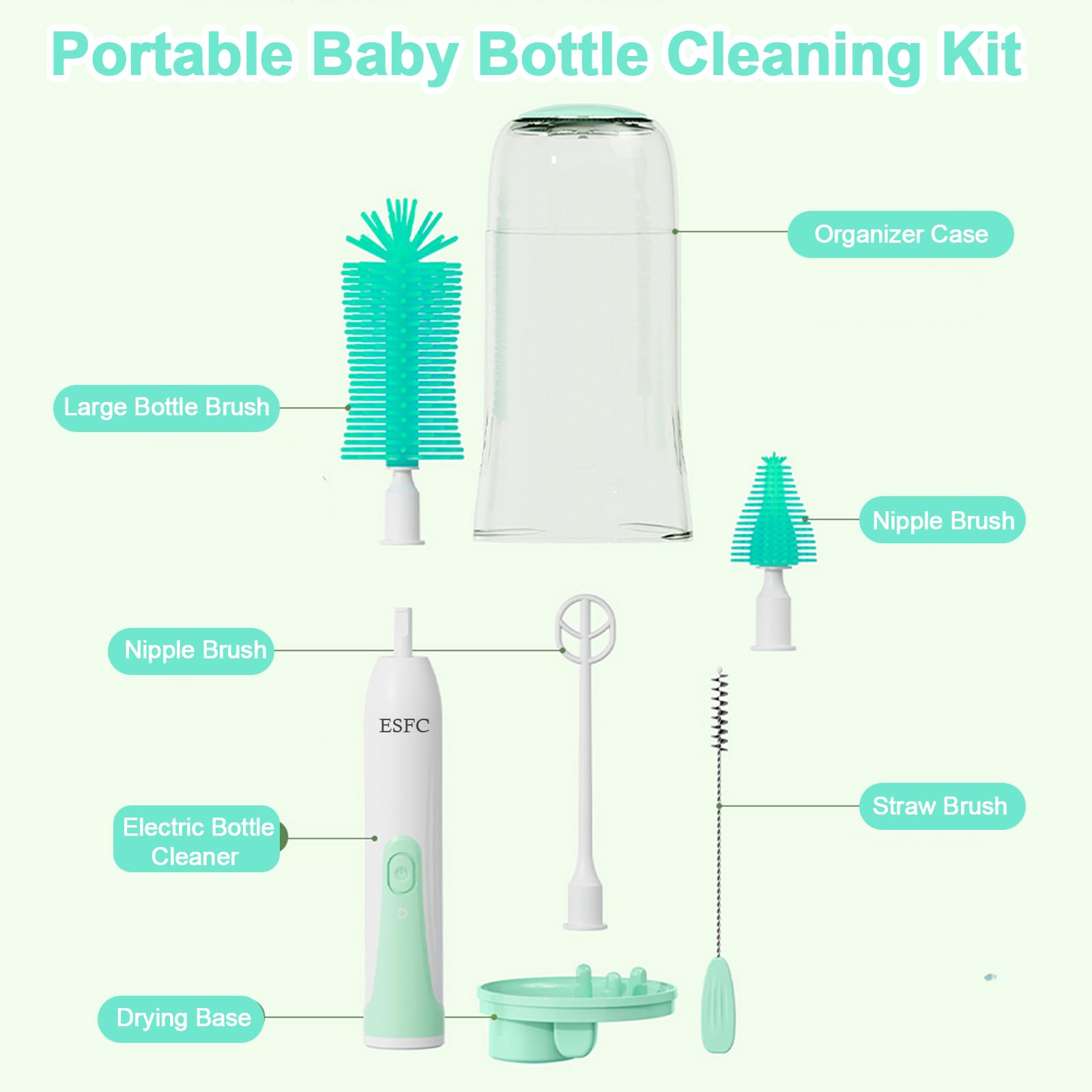 Electric Baby Bottle Brush Cleaner Kit - Automatic Rechargeable Bottle Brush with Nipple & Straw Cleaner, Electric Stirrer & Drying Rack - Waterproof Travel Cleaning Set for Infants (Green) - Perfect for Home, Travel & Daycare Use