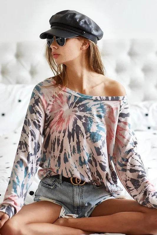 BiBi Tie Dye Terry Knit Top - Soft Cotton Blend Women's Casual Shirt for Summer Beach, Yoga & Lounge Wear