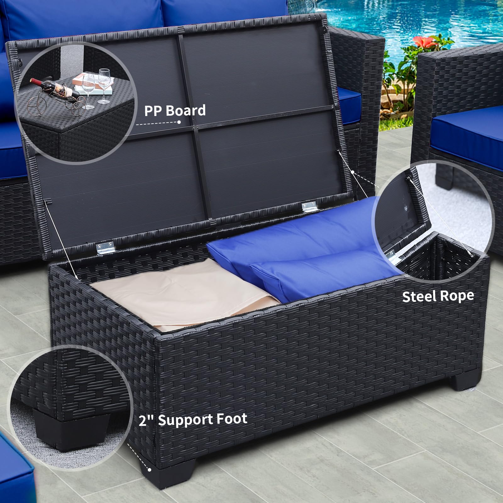 7-Piece Black Wicker Patio Furniture Set - Outdoor Rattan Conversation Sofa with Royal Blue Cushions & Covers - Perfect for Garden, Poolside & Backyard Relaxation