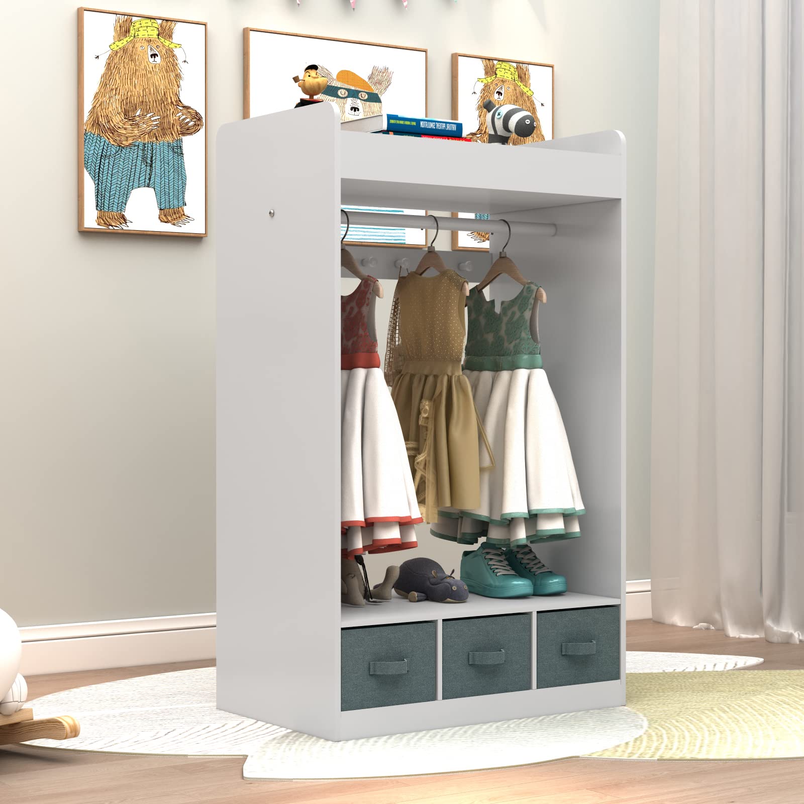 Kids Costume Organizer with Mirror & Storage Bin - Hanging Dress Up Closet for Pretend Play - White | Perfect for Bedroom, Playroom & Toy Storage Organization