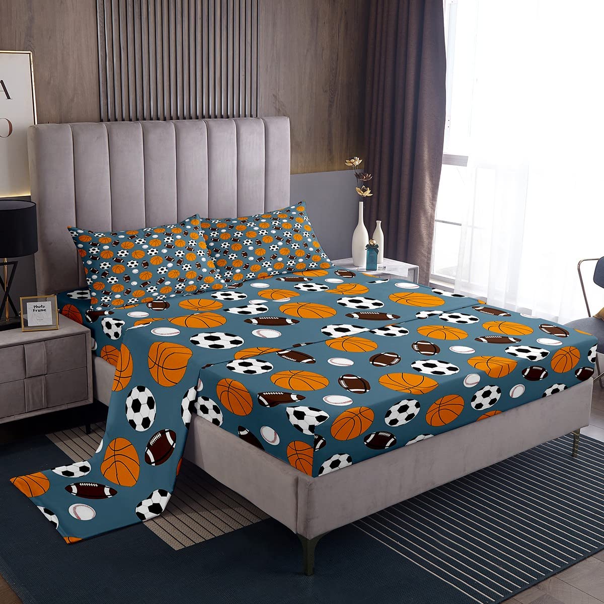 Kids Football Bed Sheets Set - Sports Themed Bedding for Boys, Girls, Men & Women - American Football, Basketball & Baseball Pattern Decor - Full Size Blue Sheet Set with 2 Pillowcases - Perfect for Sports Lovers' Bedrooms, Dorm Rooms & Game Day Decor