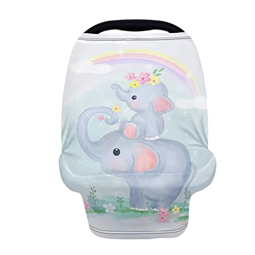 **HUIACONG Cartoon Elephant Muslin Baby Car Seat Cover – Floral Rainbow Stretchy Nursing Canopy for All-Weather Protection | Infant Car Seat Shade for Strollers, Travel & Outdoor Use**