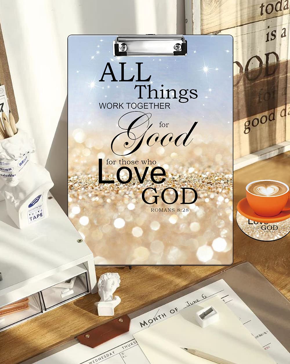 A4 Plastic Clipboard with Metal Clip, Cute Coaster & Pen Bag - Retractable Hanging Hole, Rainbow Glitter Design with Bible Verse (Psalm 8:28) - Perfect for School, Office, Home & Bible Study Organization