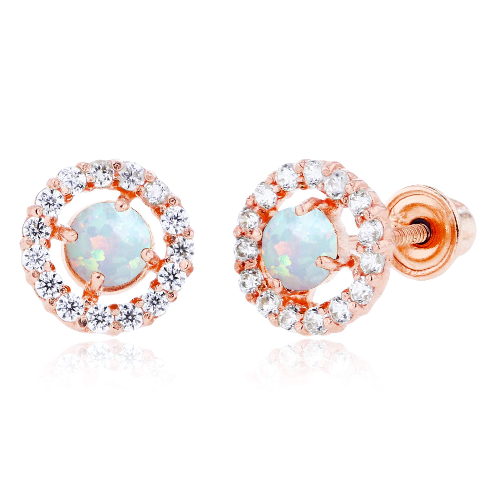 14K Solid Gold 6mm Halo Birthstone Stud Earrings for Women | Natural Gemstone Screw Back Earrings | 3mm Round Birthstone with 1mm White Sapphire Halo | Perfect for Birthdays, Anniversaries & Special Occasions