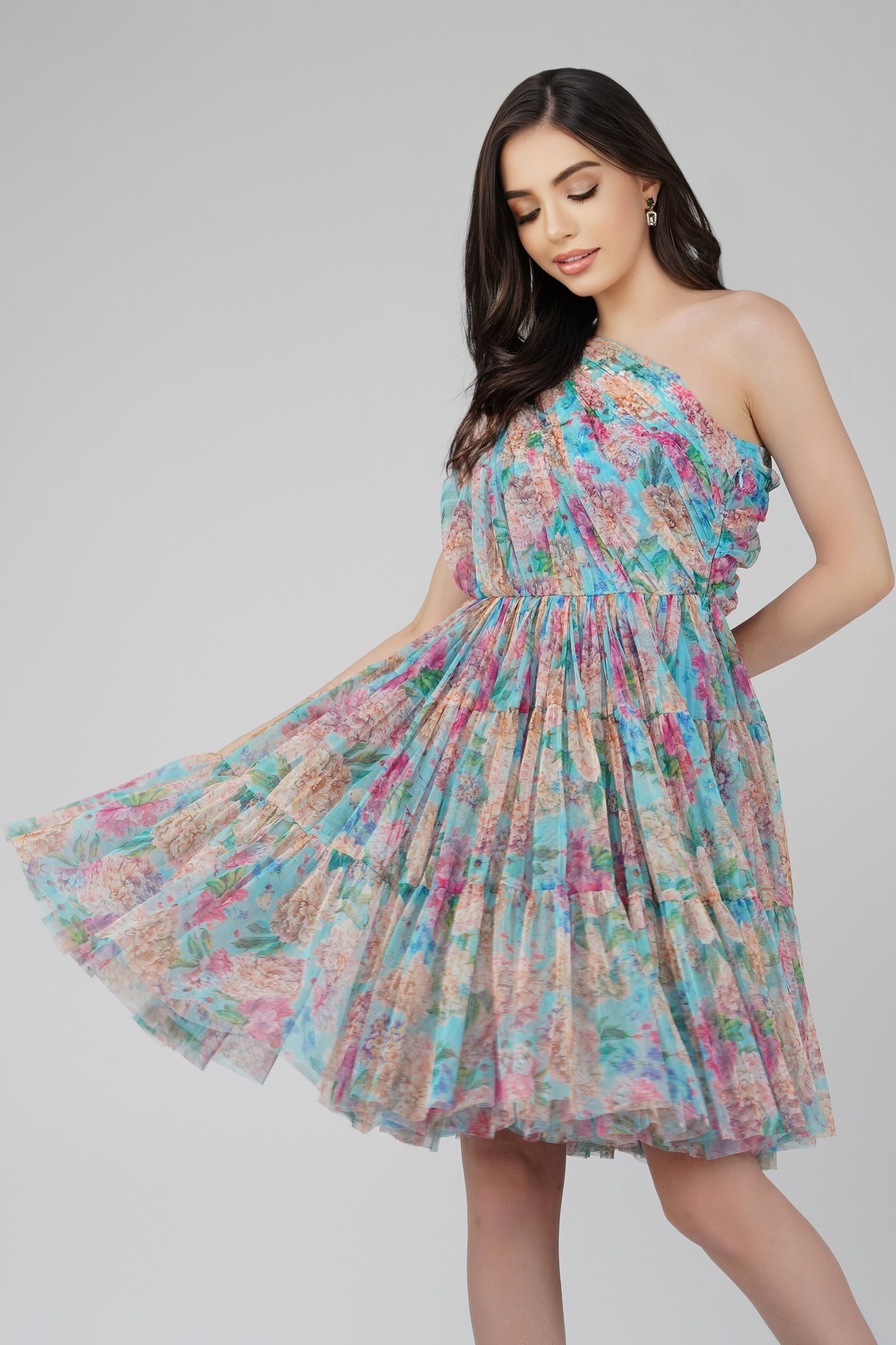 Roka Floral One Shoulder Mini Dress - Blue Summer Party Dress for Women, Perfect for Beach Vacations, Cocktail Parties & Date Nights