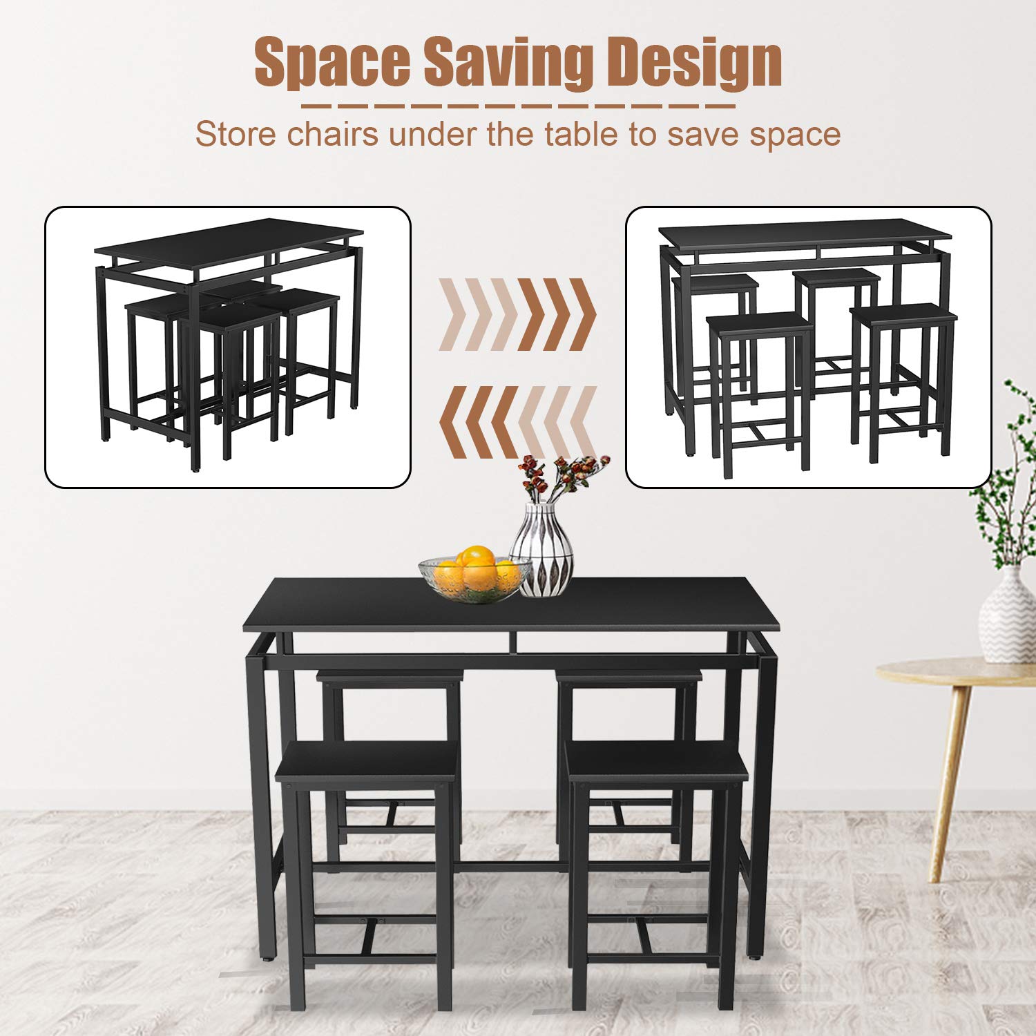 HomVent 5-Piece Modern Counter Height Dining Table Set - Wooden Kitchen Bar Table & 4 Chairs for Small Spaces, Restaurants & Home Use (Black) | Perfect for Breakfast Nooks, Compact Kitchens & Cozy Dining Areas