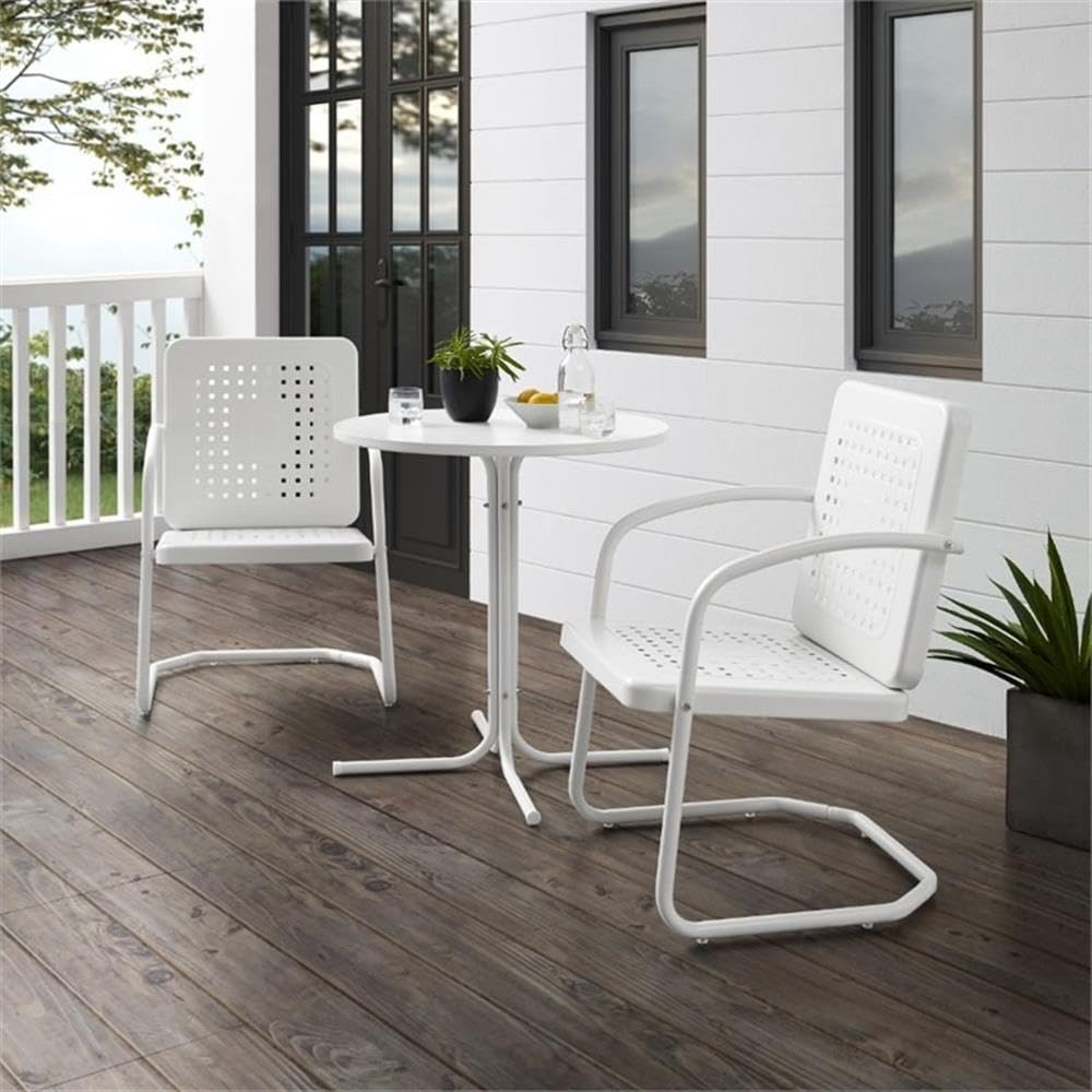 3-Piece White Gloss Metal Outdoor Bistro Set - Patio Dining Table and Chairs for Garden, Balcony, or Backyard Relaxation