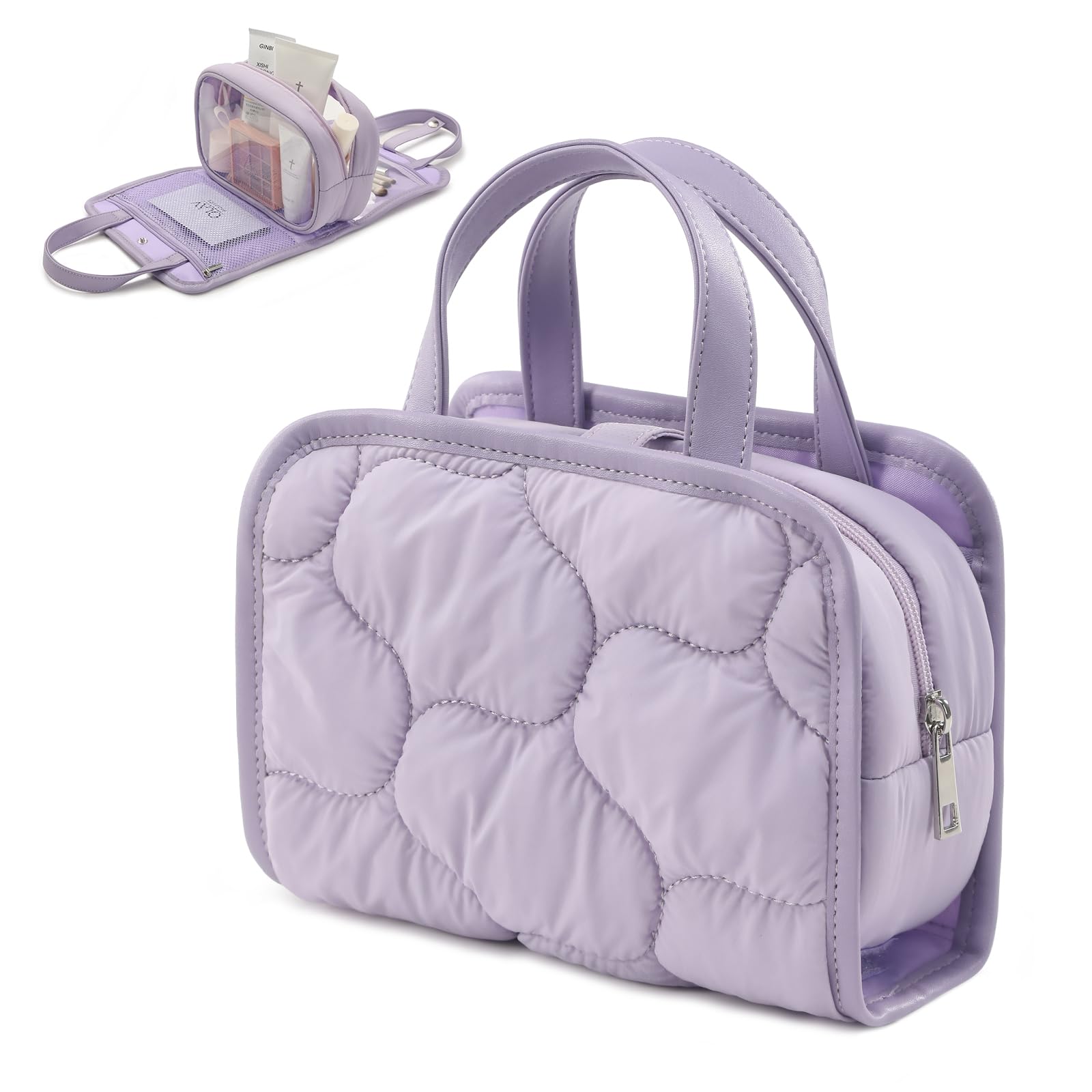 Travel Makeup Bag for Women & Girls - Removable Cosmetic Organizer with Brush Compartment | Portable Puffy Toiletry Case with Clear Windows & Handle (Lavender) | Perfect for Air Travel, Gym, Beach & Daily Use