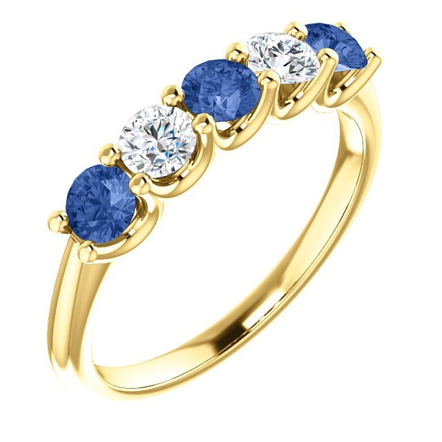 14K Gold Sapphire and Diamond Ring - 0.63 CTW Blue Sapphire & 0.30 CTW Diamond 5-Stone Wedding Band for Women, Perfect for Engagement, Anniversary and Special Occasions