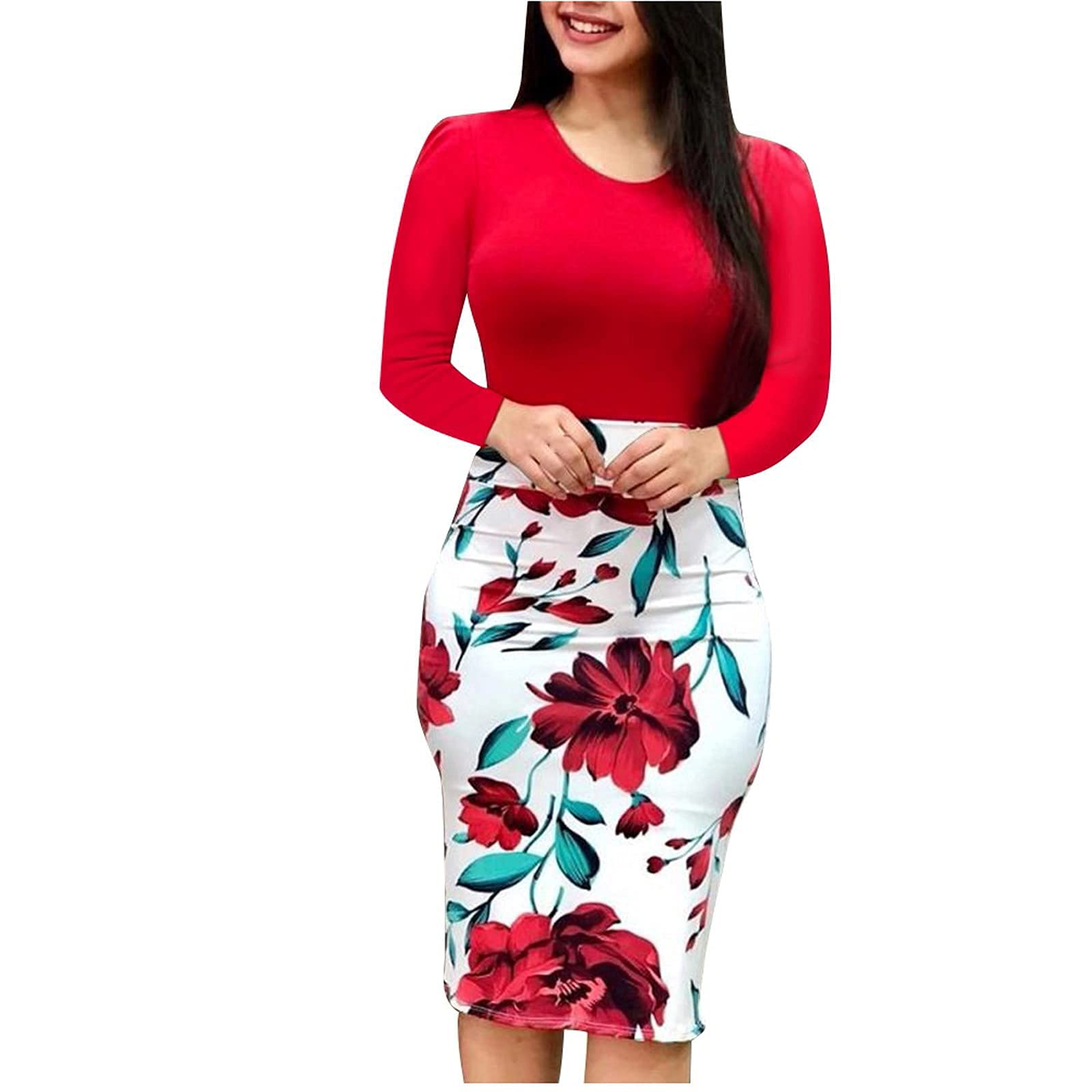 Floral Print Patchwork Bodycon Wrap Dress for Women - Round Neck Long Sleeve Midi Dress for Night Party, Club Wear, Date Night & Special Occasions