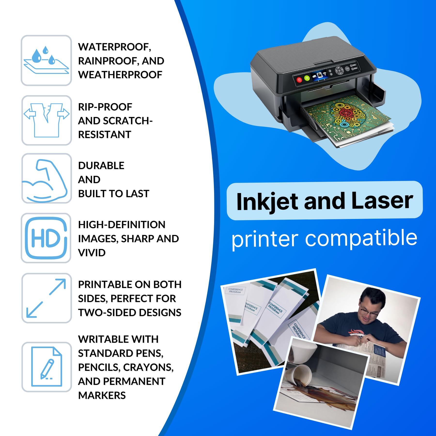 Waterproof Copy Paper - Hydronote 54lb Multipurpose 8.5” x 11” Printer Paper, Bulk 1500 Sheets for Inkjet & Laser Printers - Rainproof, Weatherproof, Tear-resistant for Outdoor Use, Boating, Camping & Wet Environments