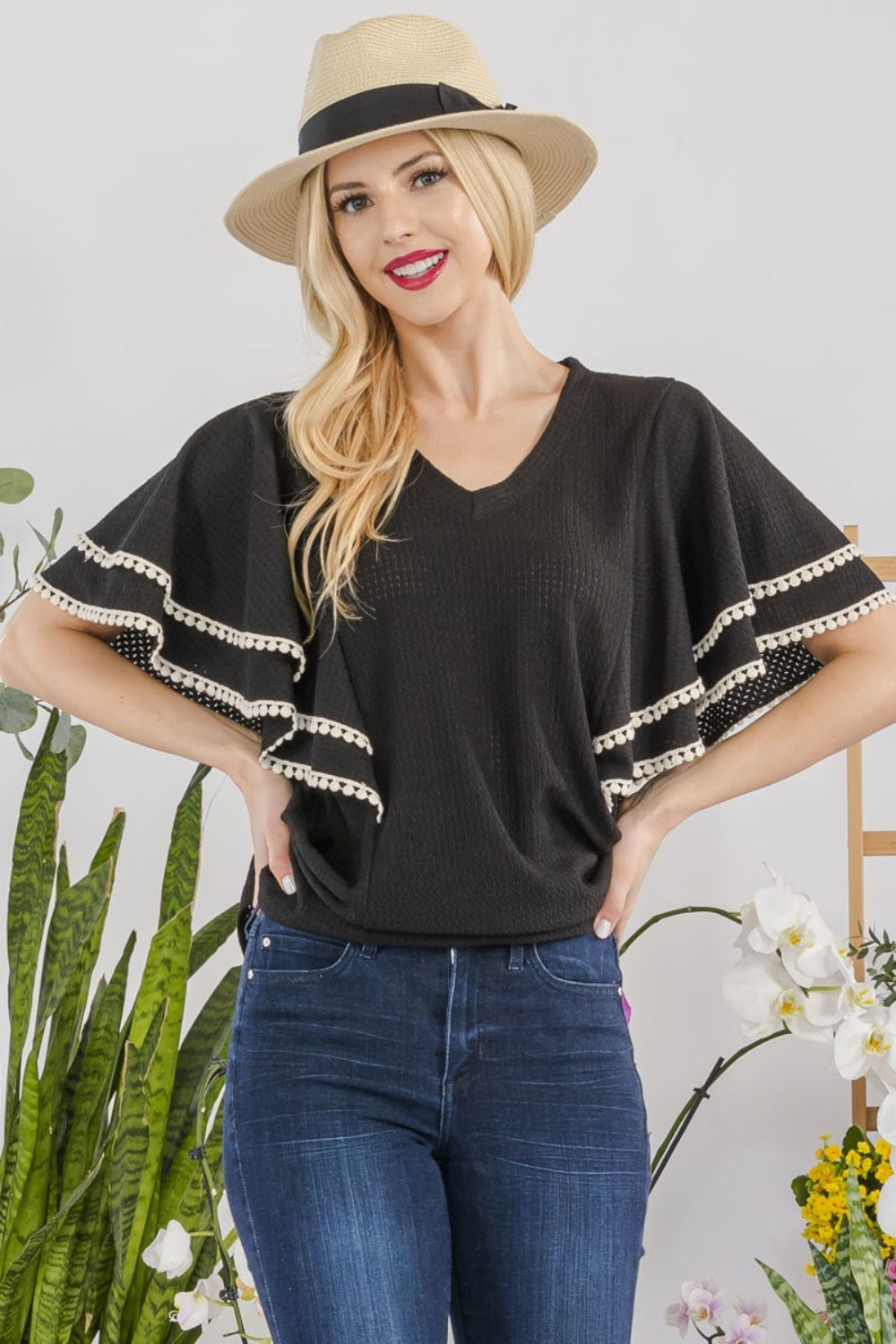 Celeste Women's V-Neck Lace Trim Flutter Sleeve Blouse - Elegant Flowy Top for Casual Wear, Date Night & Office Outfits