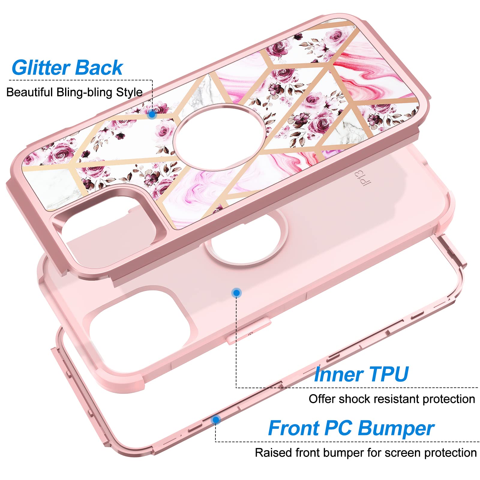 Hython Glitter Bling Shockproof iPhone 13 Pro Max Case - Heavy Duty 3-in-1 Hybrid Hard PC & Soft TPU Bumper Defender Protective Cover for Women & Girls (Floral/Marble Design) - Perfect for Daily Use, Travel & Gift Giving