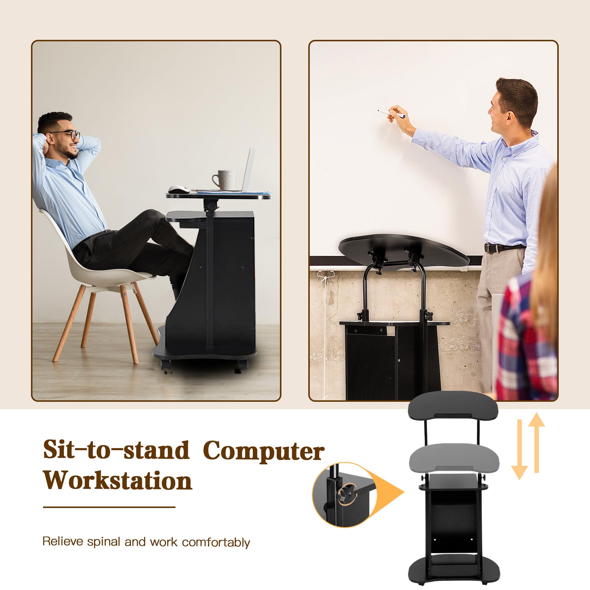 **Height Adjustable Mobile Lectern Podium Stand with Tilting Desktop & Storage Cabinet - Rolling Lectern Cart for Laptop, Classroom, Church & Home Office - Perfect for Presentations, Teaching & Remote Work**