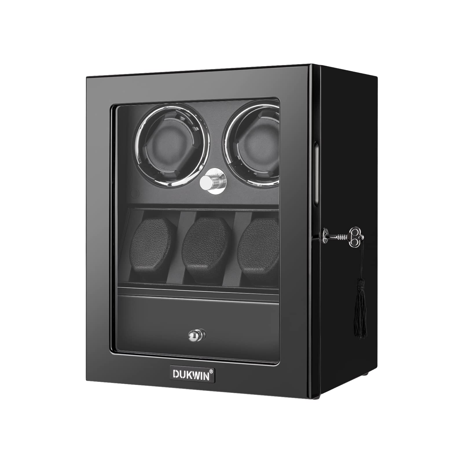 Premium DUKWIN Watch Winder for 2/4/6/8 Automatic Watches - Lockable Storage for Watches & Jewelry - Ultra Quiet Mabuchi Motor - High Gloss Piano Lacquer Finish - Built-in LED Lighting - Perfect for Home, Office, or Travel Use