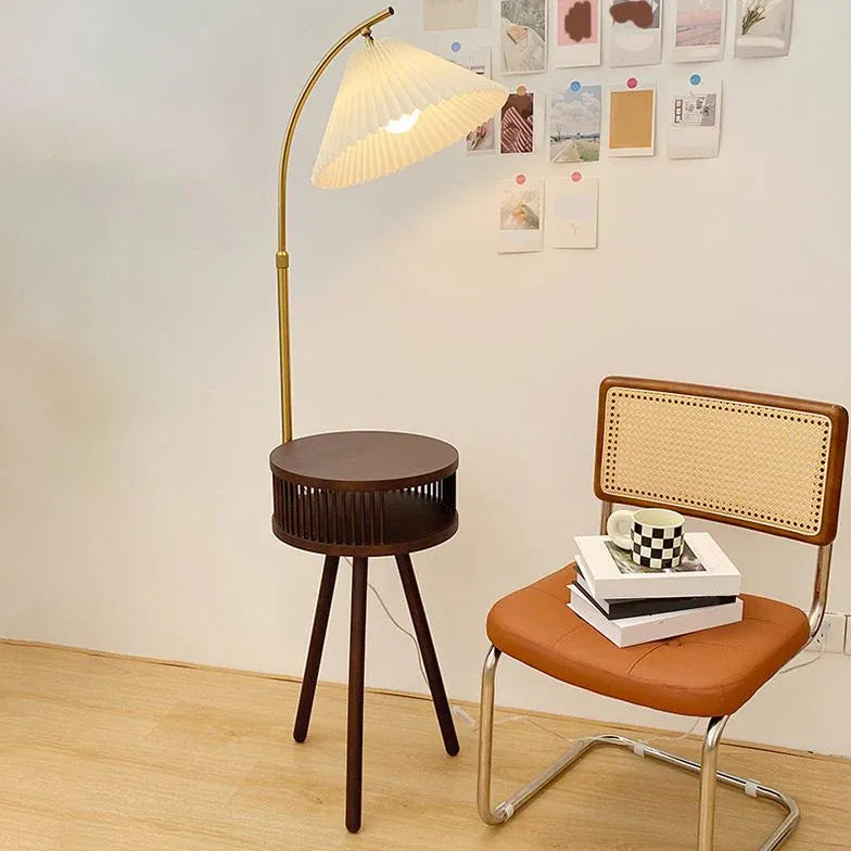 Modern Wooden Arched Floor Lamp with Side Table - Adjustable Standing Light for Living Room, Bedroom & Office - Warm Ambient Lighting for Reading & Relaxation