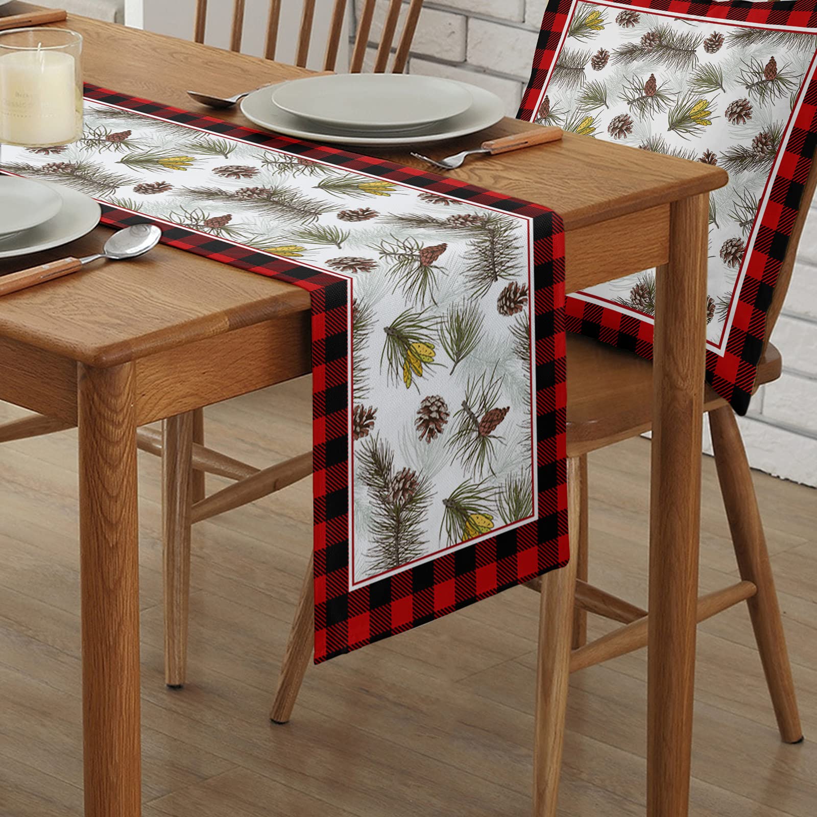Christmas Cotton Linen Table Runner - Buffalo Plaid Pine Tree Design Holiday Decor for Dining Table, Kitchen, Farmhouse - 13x70 Inch (Perfect for Christmas Dinner, Party Decorations & Festive Home Styling)