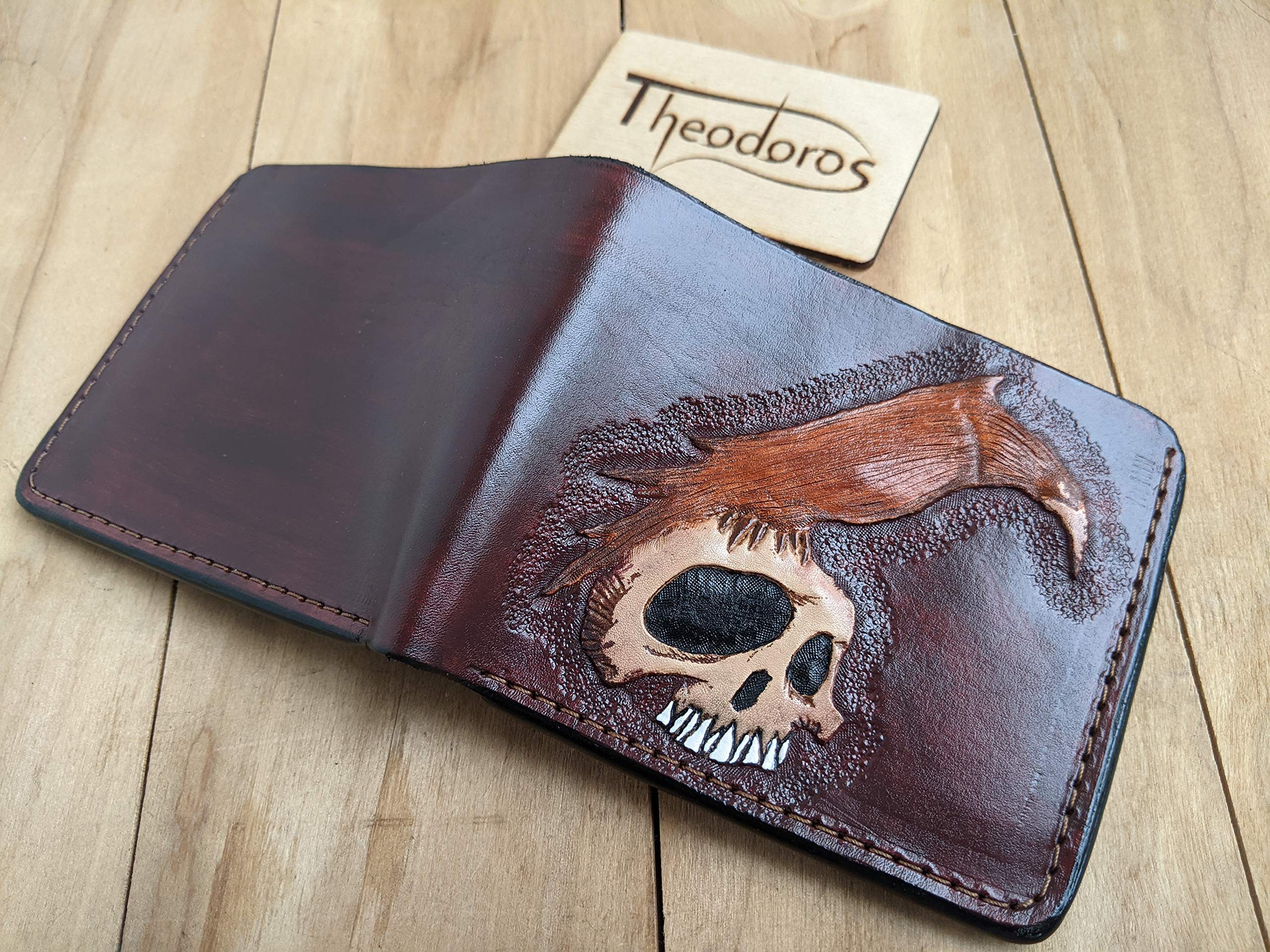 Handmade 3D Carved Genuine Leather Biker Wallet for Men - Custom Personalized Crow Design Long Wallet - Perfect for Motorcycle Riders, Gift Giving & Everyday Use