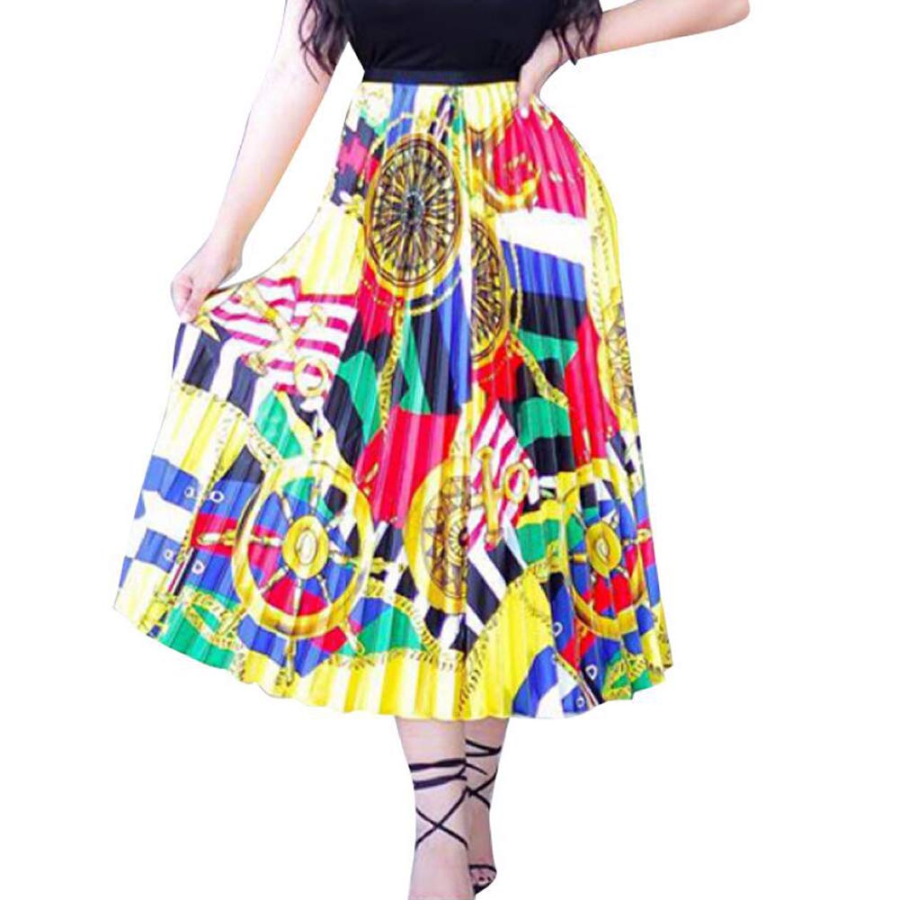 Vintage Floral Print High Waisted A-Line Pleated Swing Midi Skirt for Women - Party, Wedding & Casual Wear (Small, Yellow)