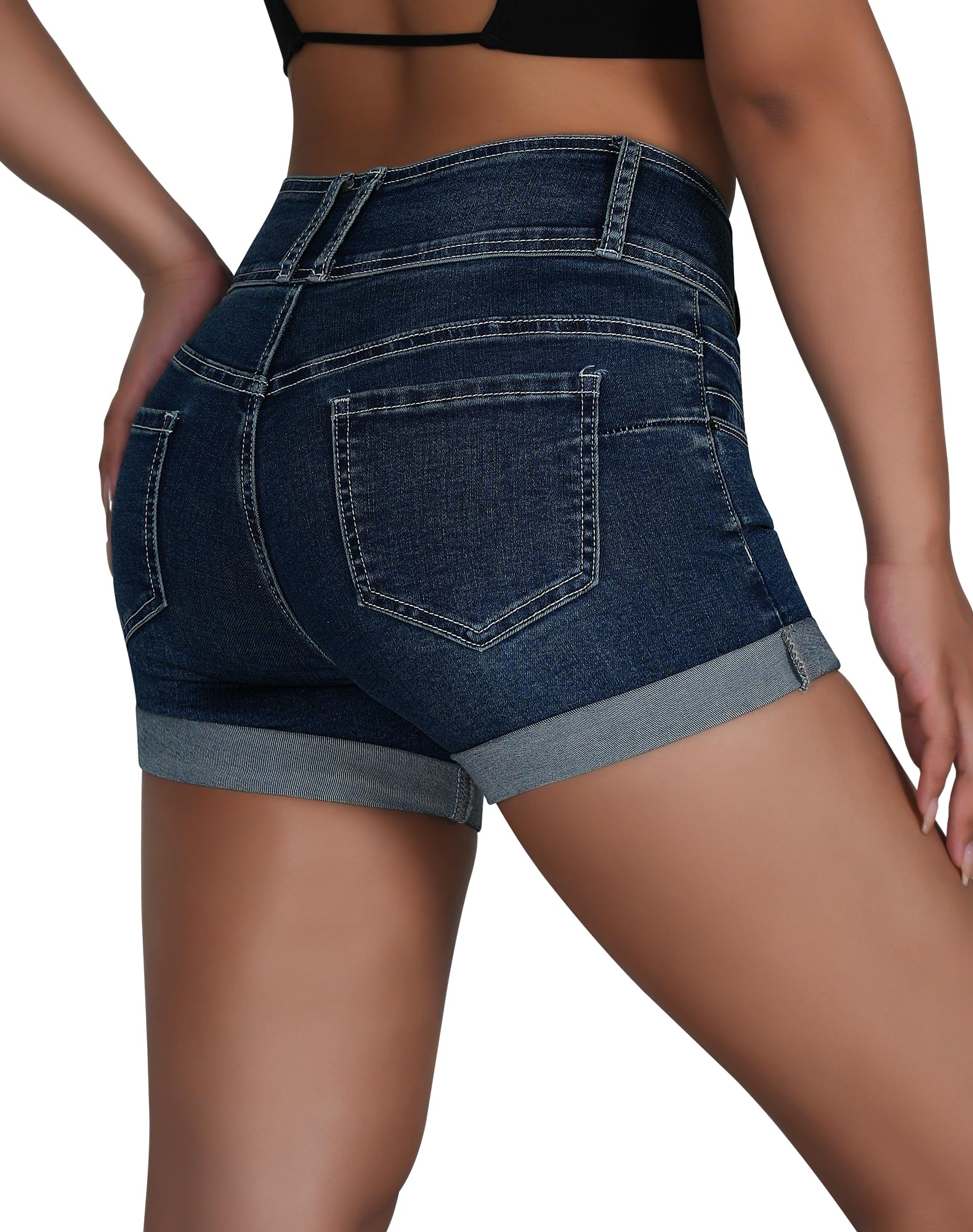 Roswear Women's High Waisted Stretchy Curvy Butt Lifting Cuffed Jean Shorts - Denim Shorts for Women with Tummy Control & Booty Lift - Perfect for Summer, Casual Outfits, and Beach Vacations