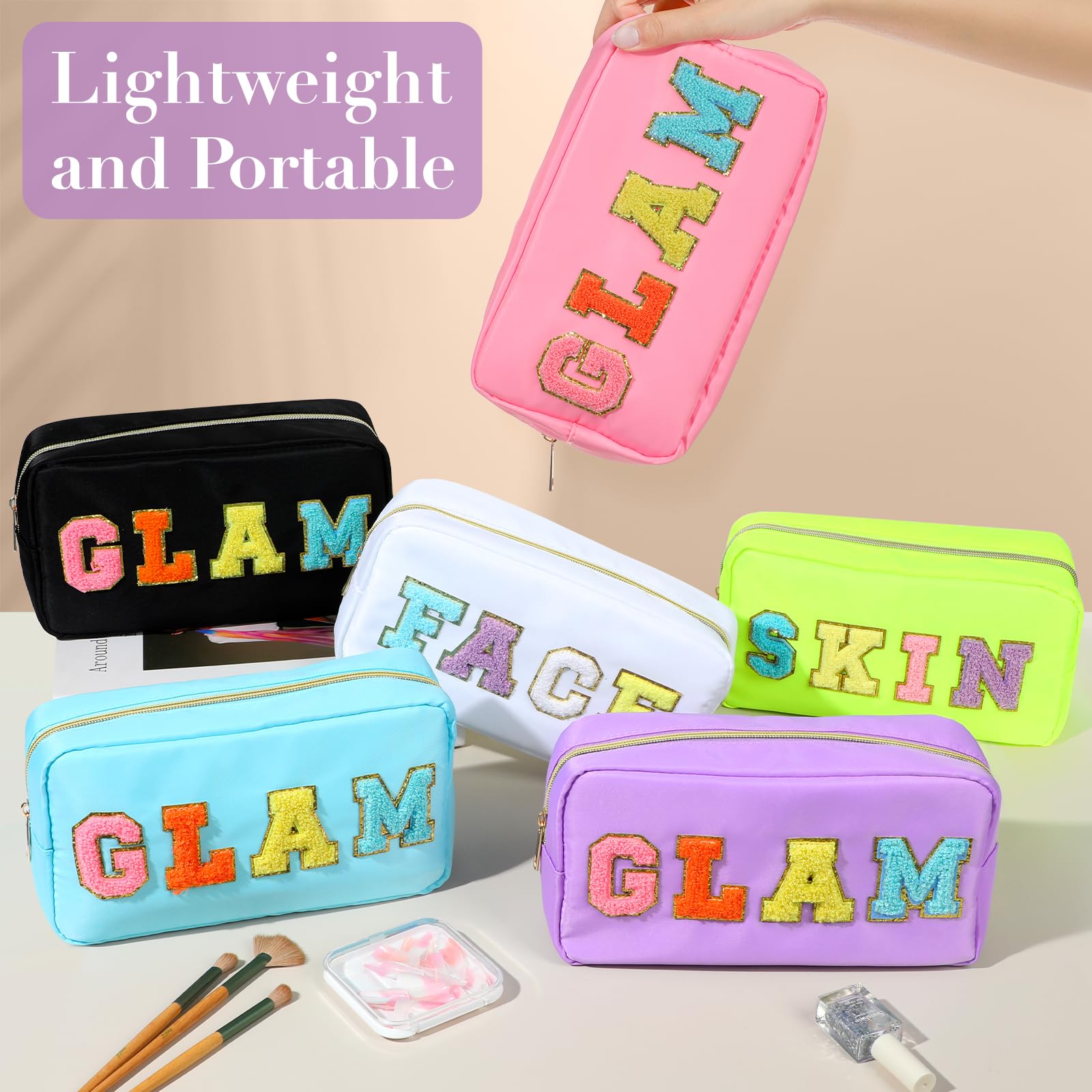 GLAM Chenille Letter Makeup Bag with Zipper - Large Capacity Waterproof Cosmetic Pouch for Women & Teens | Perfect for Travel, Gym & Daily Organization (Purple GLAM)