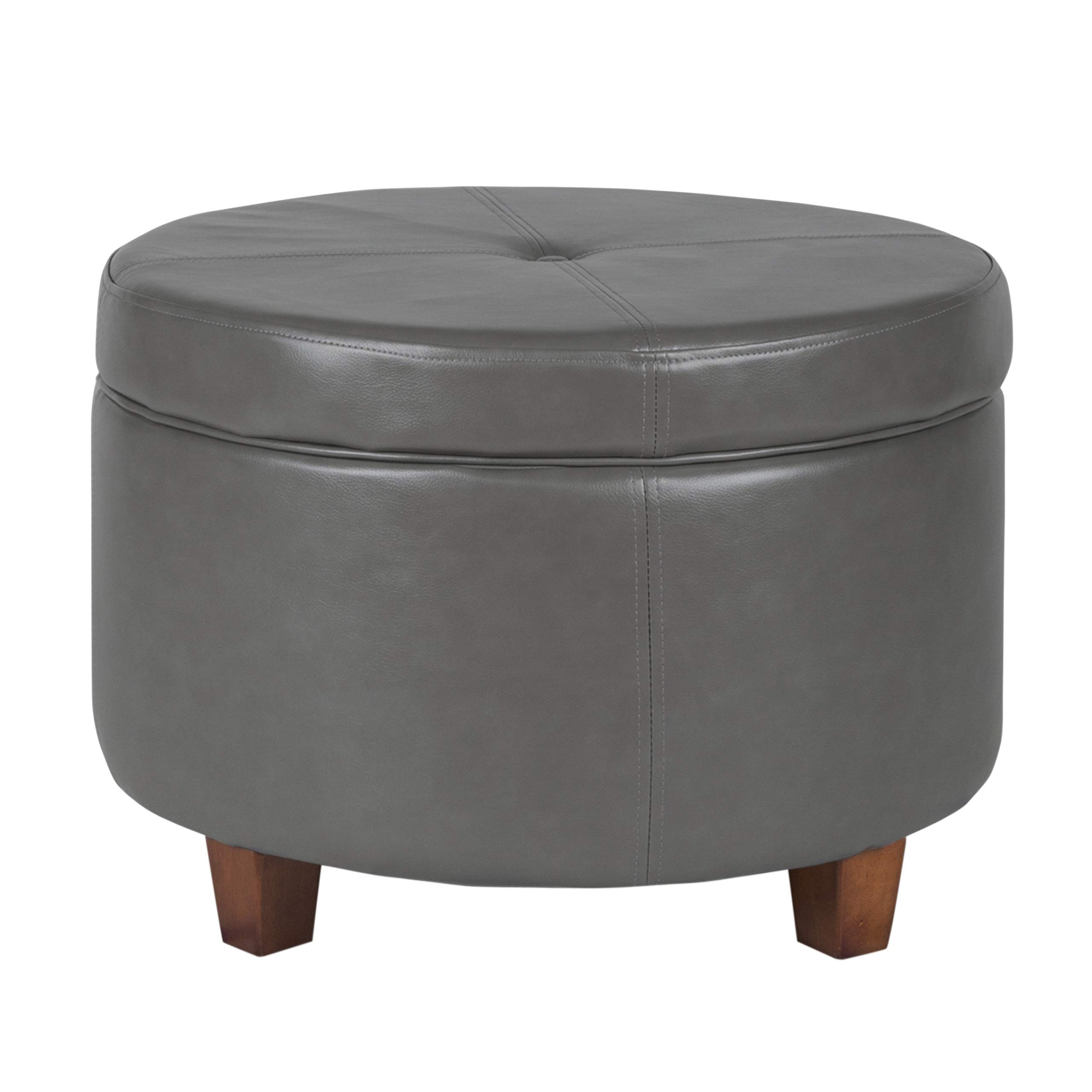 HomePop Large Round Leatherette Storage Ottoman with Lift-Top Lid - Charcoal Grey | Footrest, Coffee Table & Hidden Storage for Living Room, Bedroom & Office