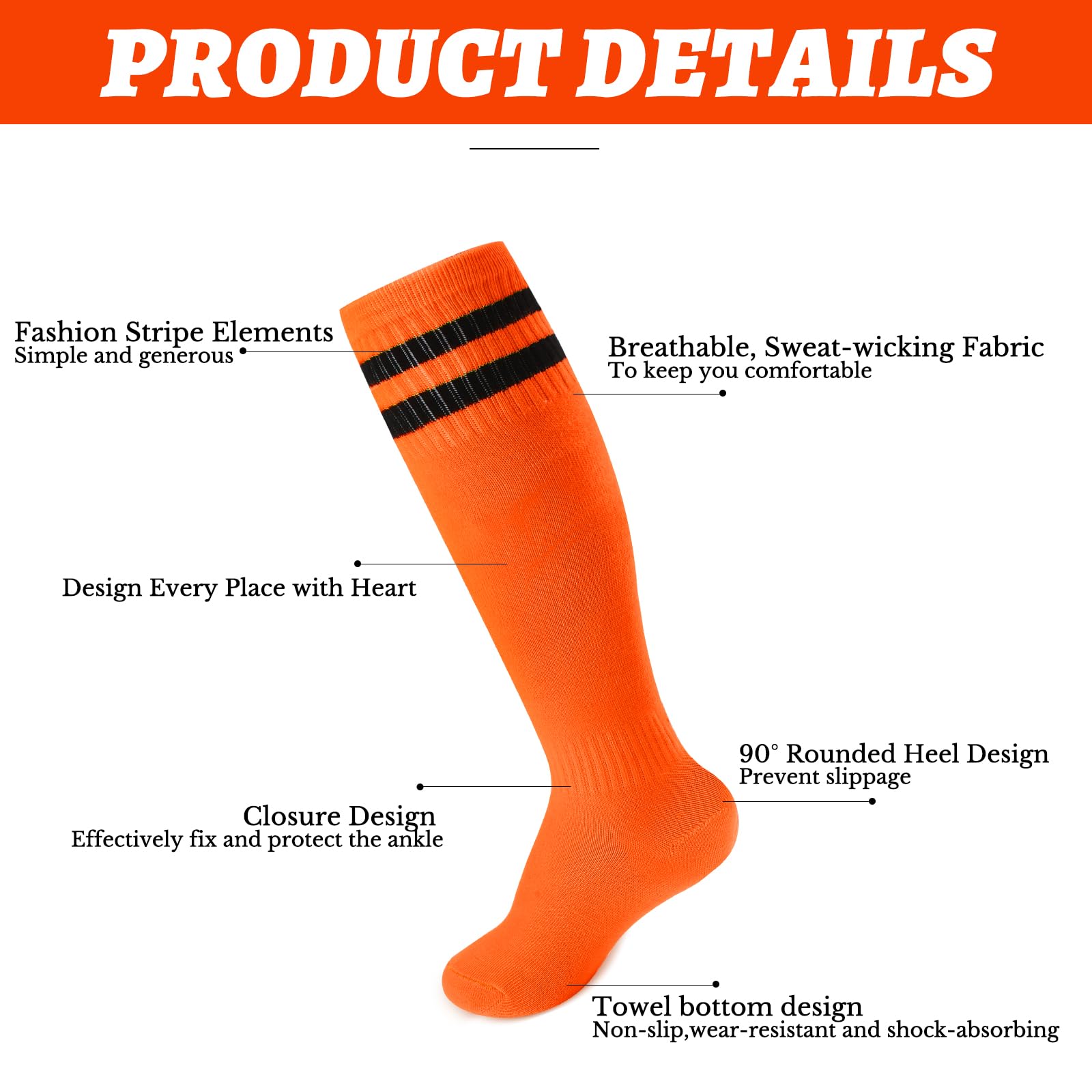 6 Pairs Kids Soccer Socks - Striped Football Socks for Boys & Girls Ages 4-14 | Breathable Athletic Socks for Soccer Practice, Games & Sports Gifts