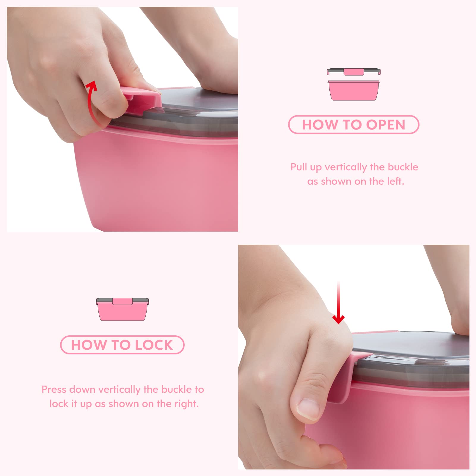 Cherrysea 2-Pack 68oz BPA-Free Salad Lunch Container with 4 Compartments & Leak-Proof Lid - Includes Fork & Sauce Container for Dressings - Perfect for Office Lunch, Meal Prep, Picnics & Healthy Eating (Pink)