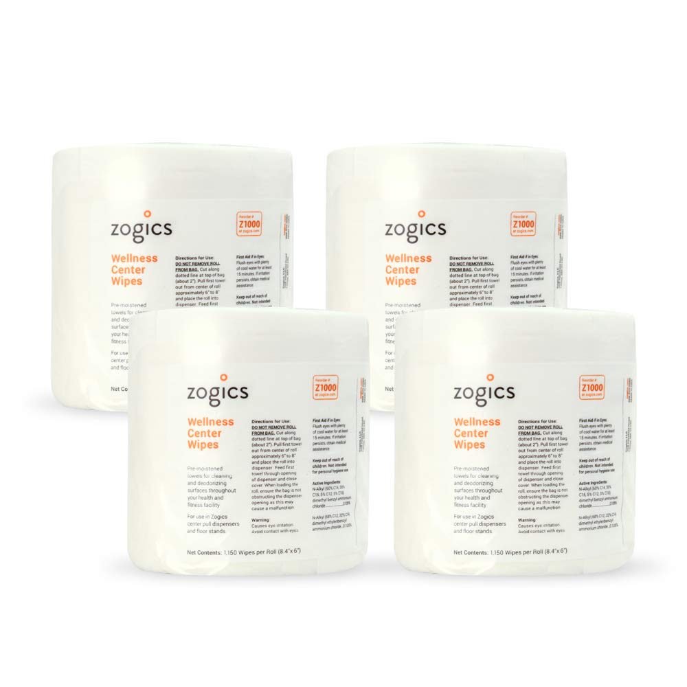 Zogics Wellness Center Cleaning Wipes - 4600 Count Disinfecting Gym Wipes for Equipment & Surfaces | Pre-Saturated, Durable & Safe Wet Wipes (4 Rolls x 1150) | Perfect for Fitness Centers, Yoga Studios & Home Gym Cleaning