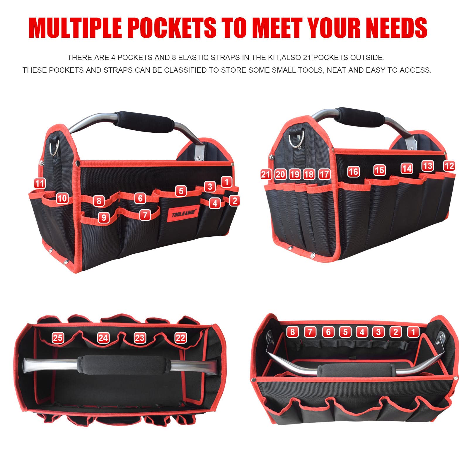 TOOLEAGUE 16 Inch Heavy Duty Open Top Tool Tote Bag with 25 Pockets - 1680D Reinforced Material Electrician Tool Organizer with Steel Handle & Adjustable Shoulder Strap - Perfect for Construction, Plumbing, HVAC and DIY Home Improvement Projects