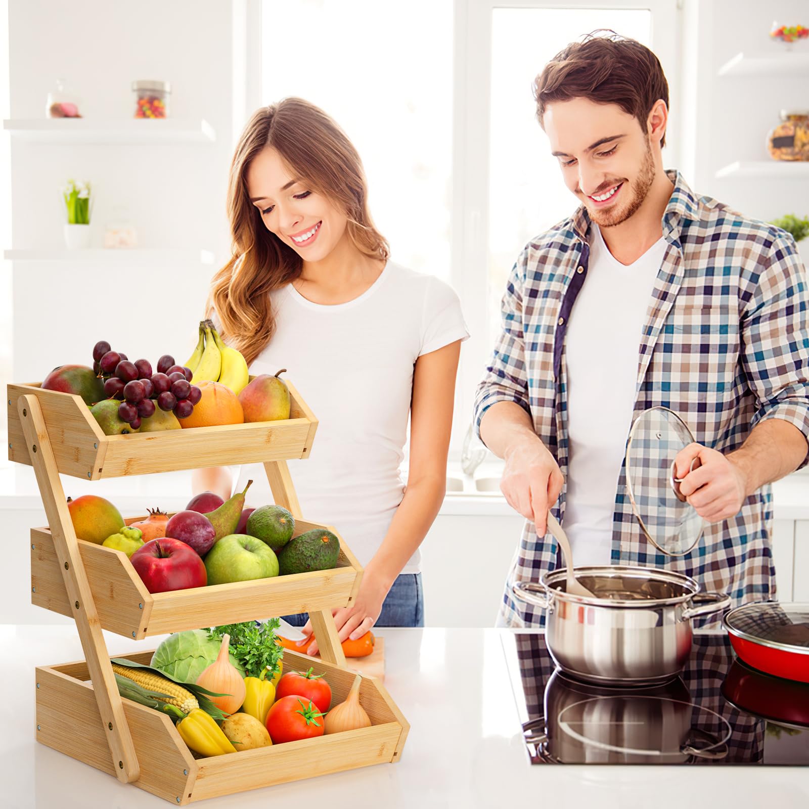 Premium Bamboo Fruit Basket - 15mm Thick Kitchen Countertop Organizer for Fruits & Vegetables | Durable Storage Stand with Easy Self-Assembly | Perfect for Pantry, Dining Table, and Farmhouse Style Kitchens