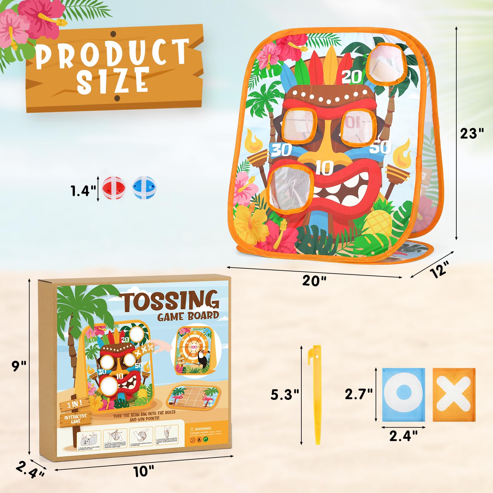 Bessmoso Double-Sided Collapsible Cornhole Board Set - Hawaiian Luau Party Games for Adults & Kids - Indoor/Outdoor Bean Bag Toss Game for Backyard, Beach, BBQ & Summer Tropical Parties - Perfect for Family Gatherings, Kindergarten Events & Tiki Themed Celebrations