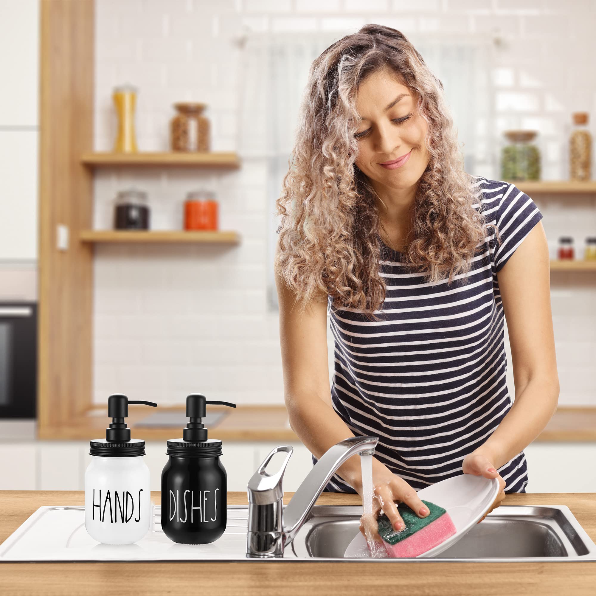 Brighter Barns Mason Jar Soap Dispenser Set - Farmhouse Kitchen Decor in Black/White - Glass Hand & Dish Soap Dispenser for Kitchen Sink - Perfect for Rustic and Modern Home Kitchens