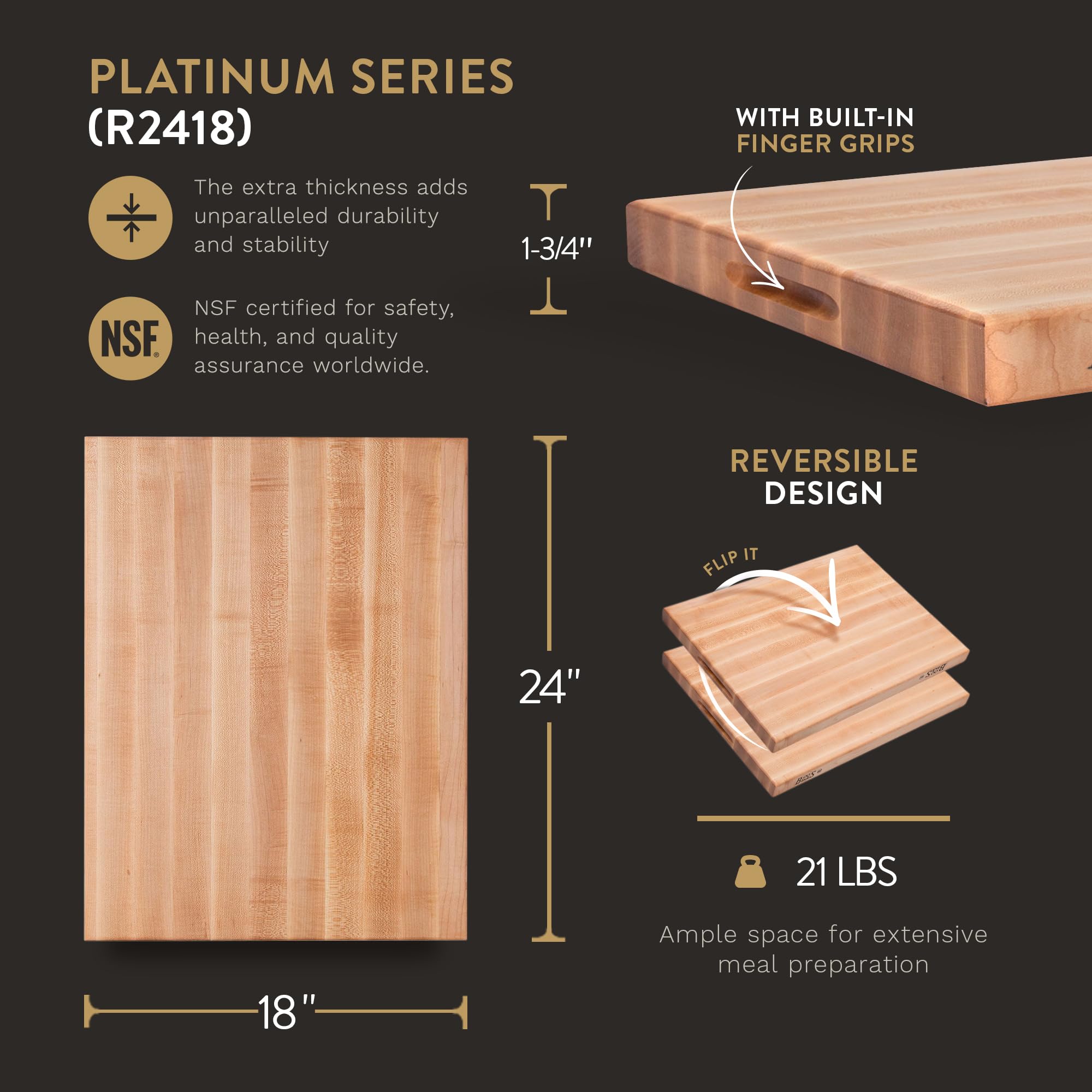 Premium John Boos Boos Block Platinum Series Large Reversible Maple Wood Cutting Board – 24
