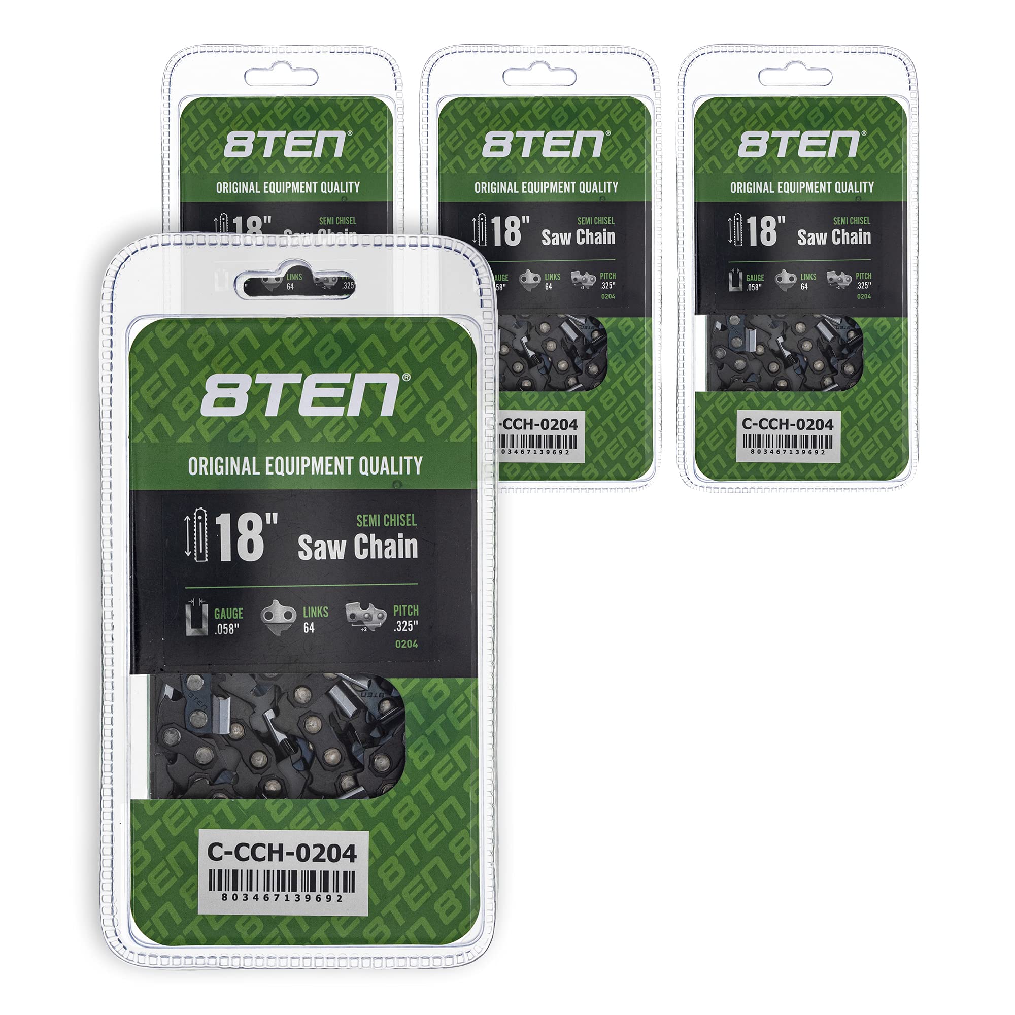 8TEN Semi Chisel Chainsaw Chain 18 Inch .058 .325 64DL 4 Pack - Compatible with Husqvarna, Stihl, Echo, Poulan - Ideal for Firewood Cutting, Tree Trimming, and Storm Cleanup