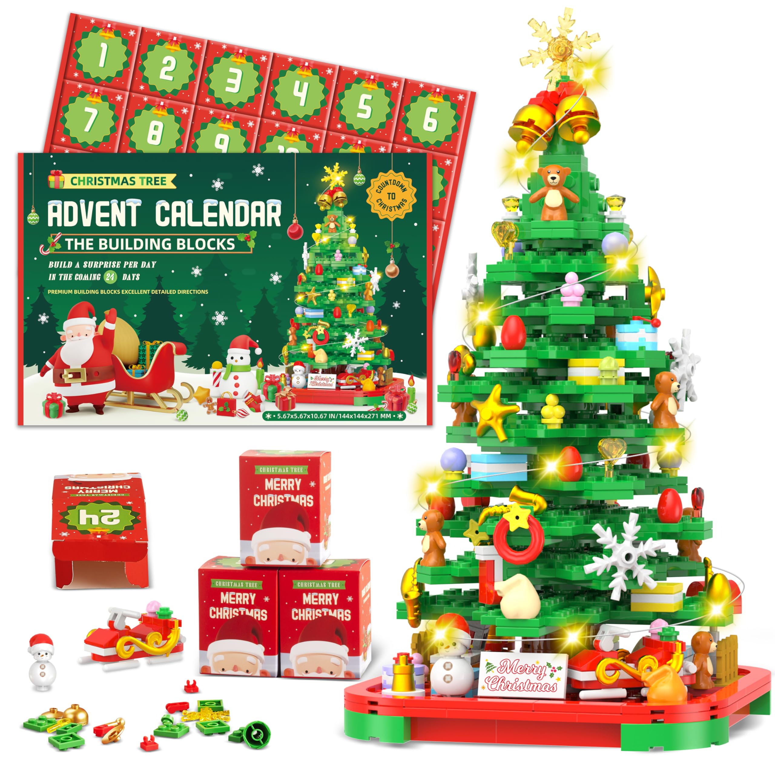2025 Advent Calendar Building Blocks Kit - 24 Days Christmas Countdown with Light-Up Tree, Compatible with Lego | Holiday Countdown Toy for Kids & Adults | Perfect for Family Christmas Traditions & DIY Decorations