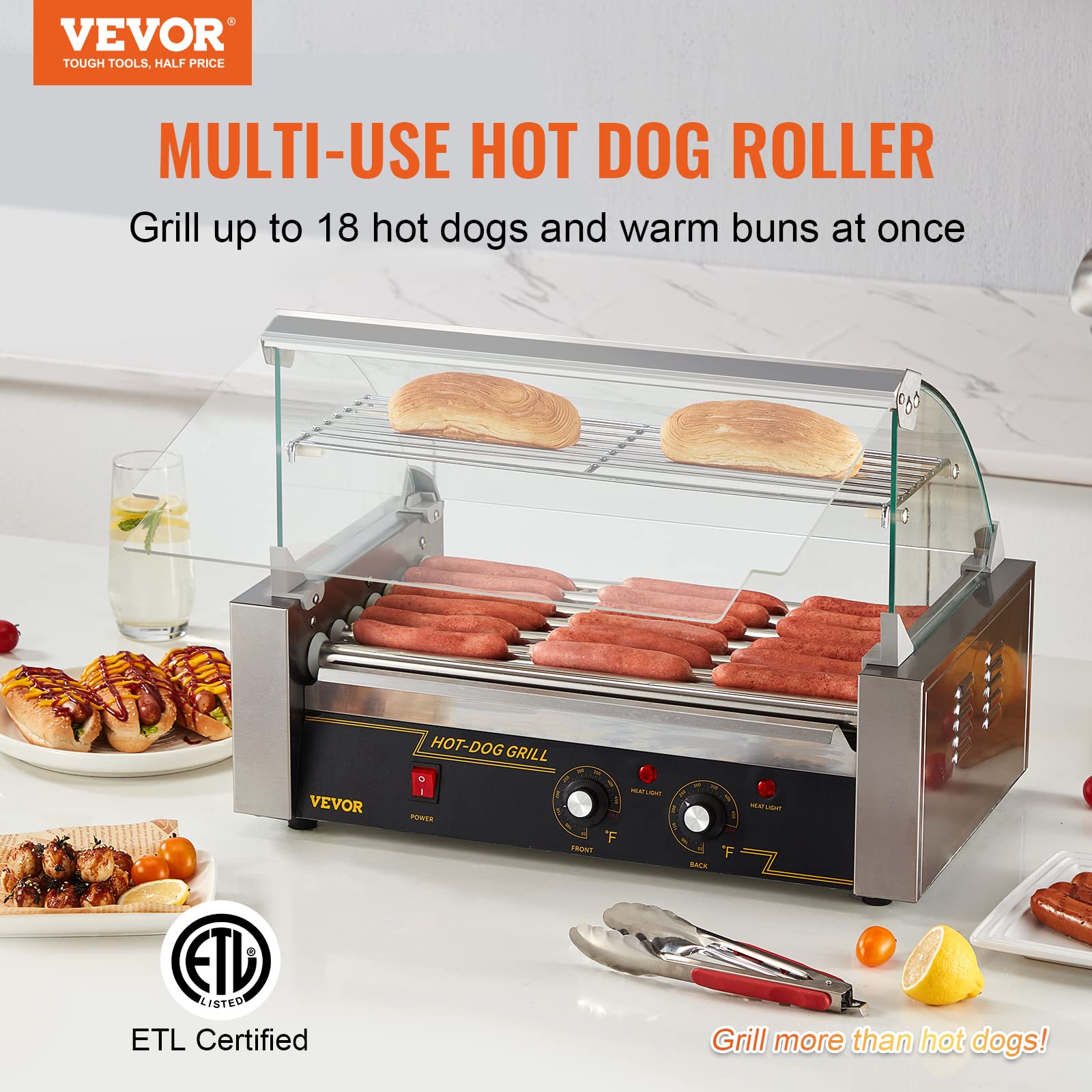 VEVOR Commercial Hot Dog Roller Machine - 7 Stainless Steel Rollers, 18 Hot Dogs Capacity, 1050W, Dual Temperature Control, Glass Hood & Acrylic Cover, Bun Warmer Shelf, Removable Oil Drip Tray - ETL Certified for Restaurants, Food Trucks & Concession Stands