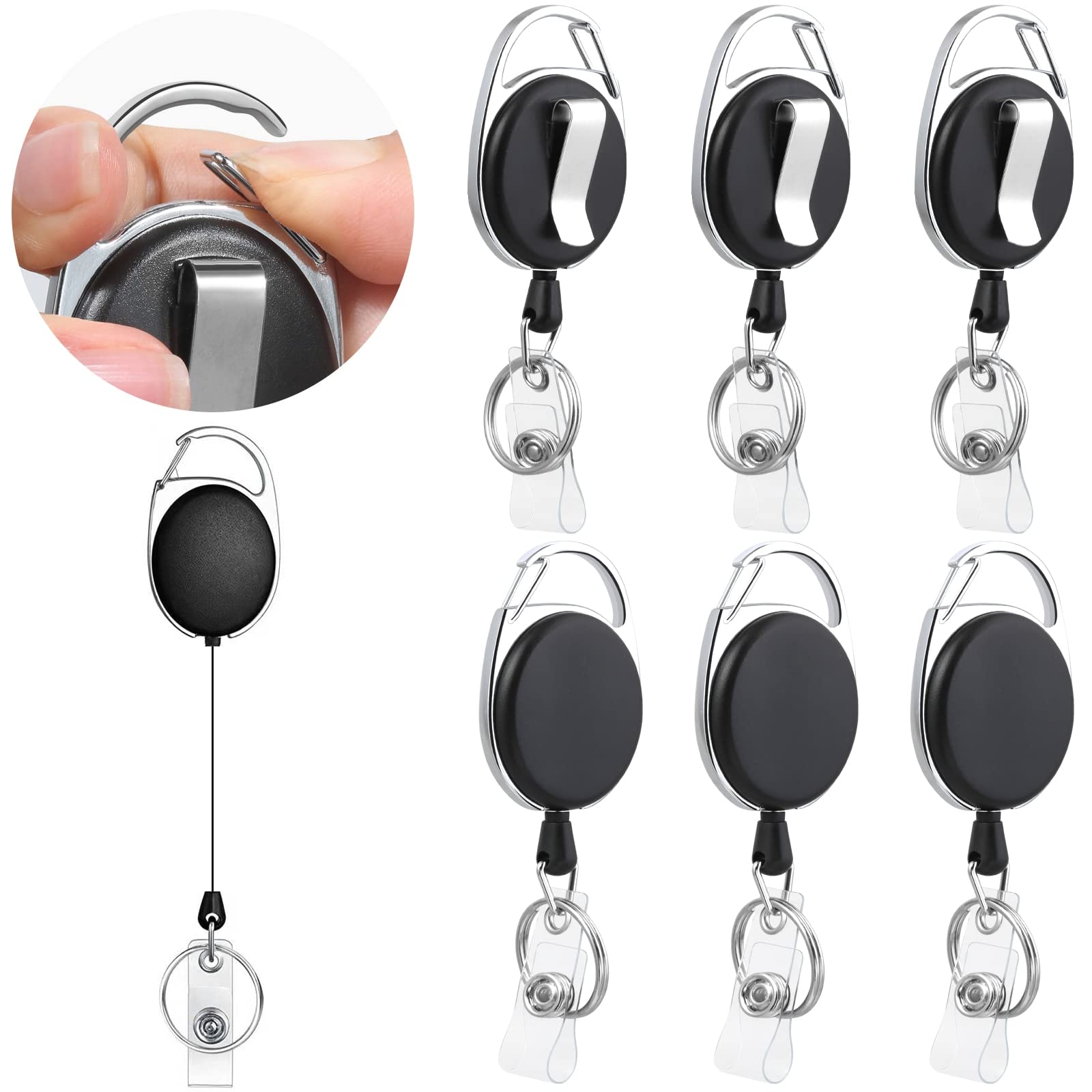Selizo 6-Pack Retractable ID Badge Holder Reel with Clip - Black | Secure Key Card & Employee Badge Holder for Work, Events & Conferences