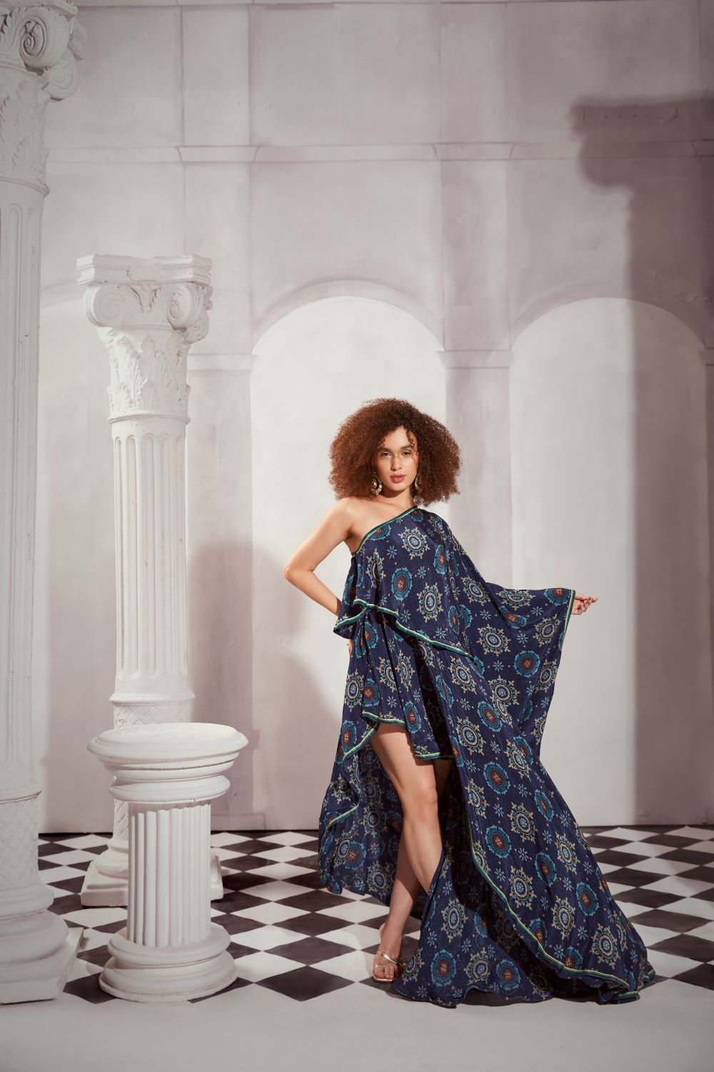 Elegant Blue Mosaic One Shoulder Dress for Women - Summer Beach Party & Cocktail Evening Wear