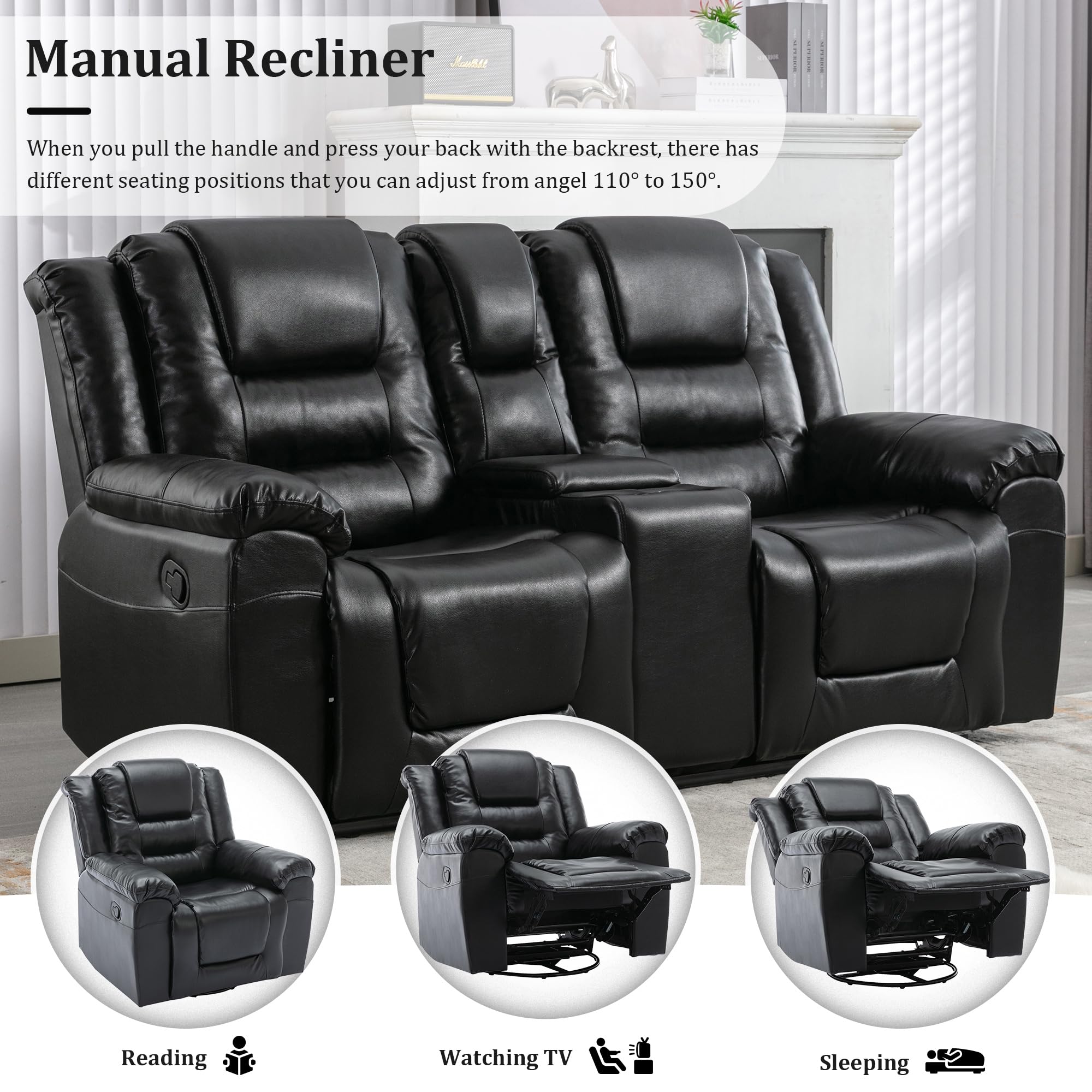 Premium PU Leather Manual Reclining Sofa with Storage & Cup Holders - Comfortable 2-Seater Living Room Furniture for Small Spaces, Modern Home Theater & Game Room Use - Black